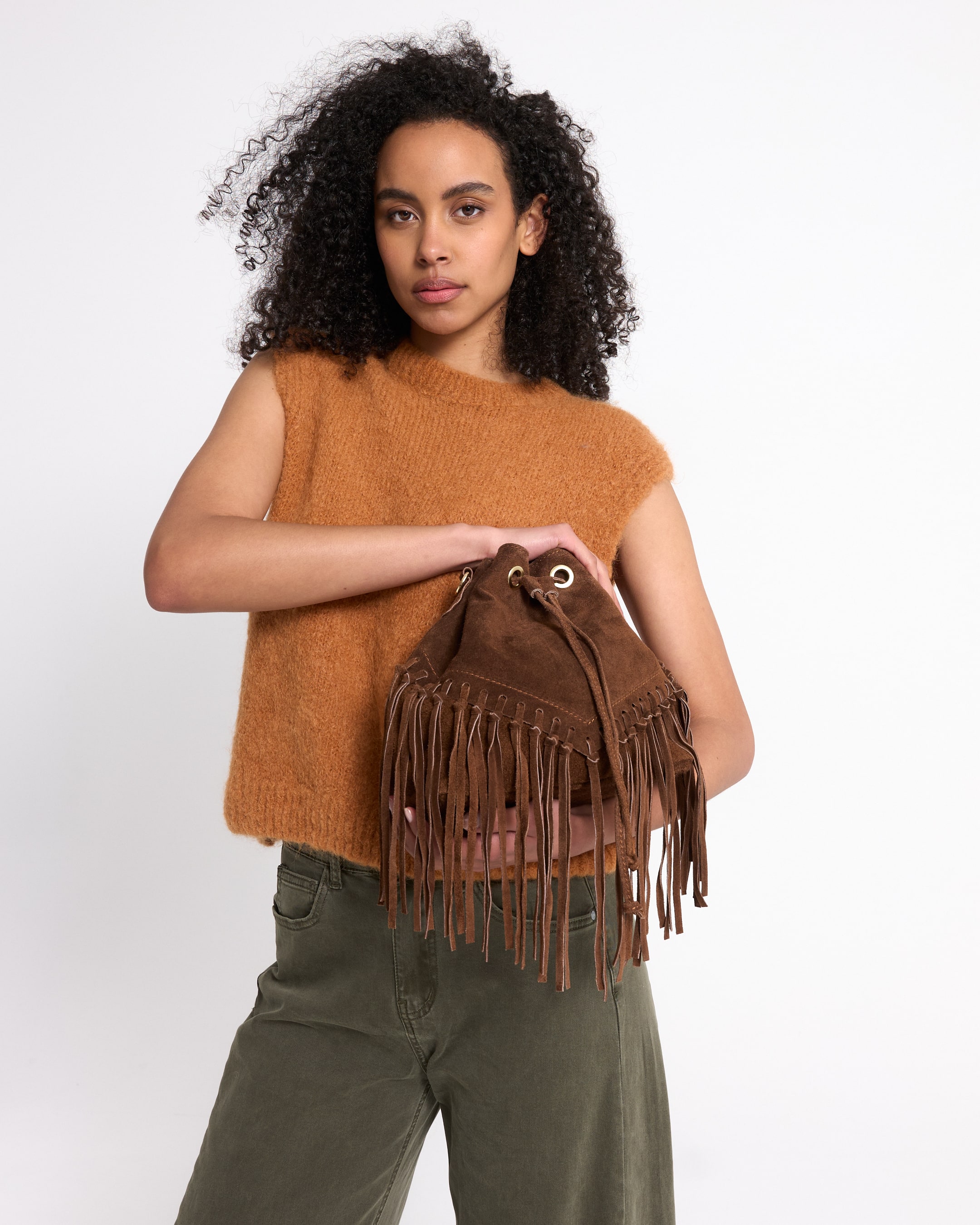 top, brei, oranje, mouwloos, tas franjes