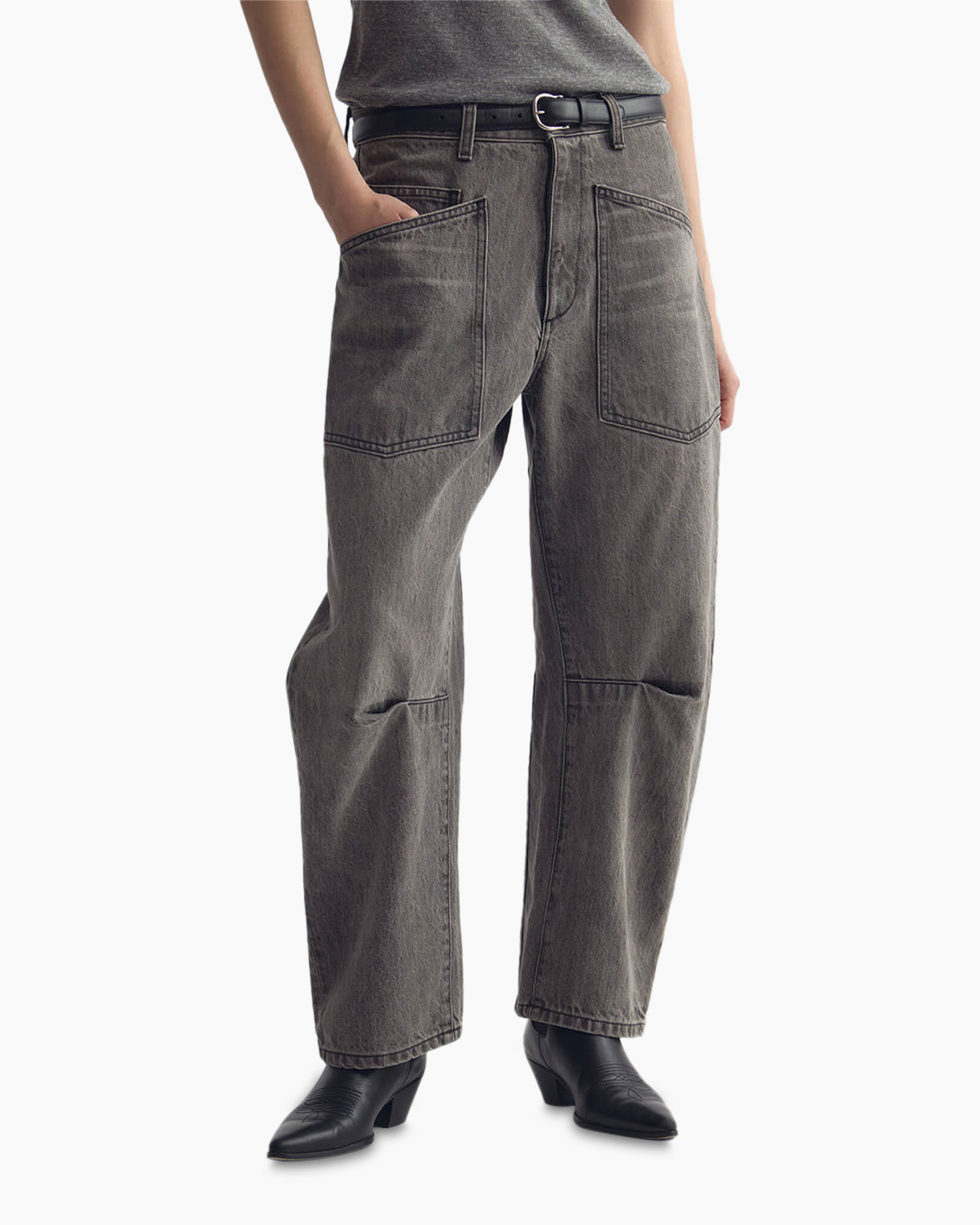 broek, spijkerbroek, grijs, wijd, zakken