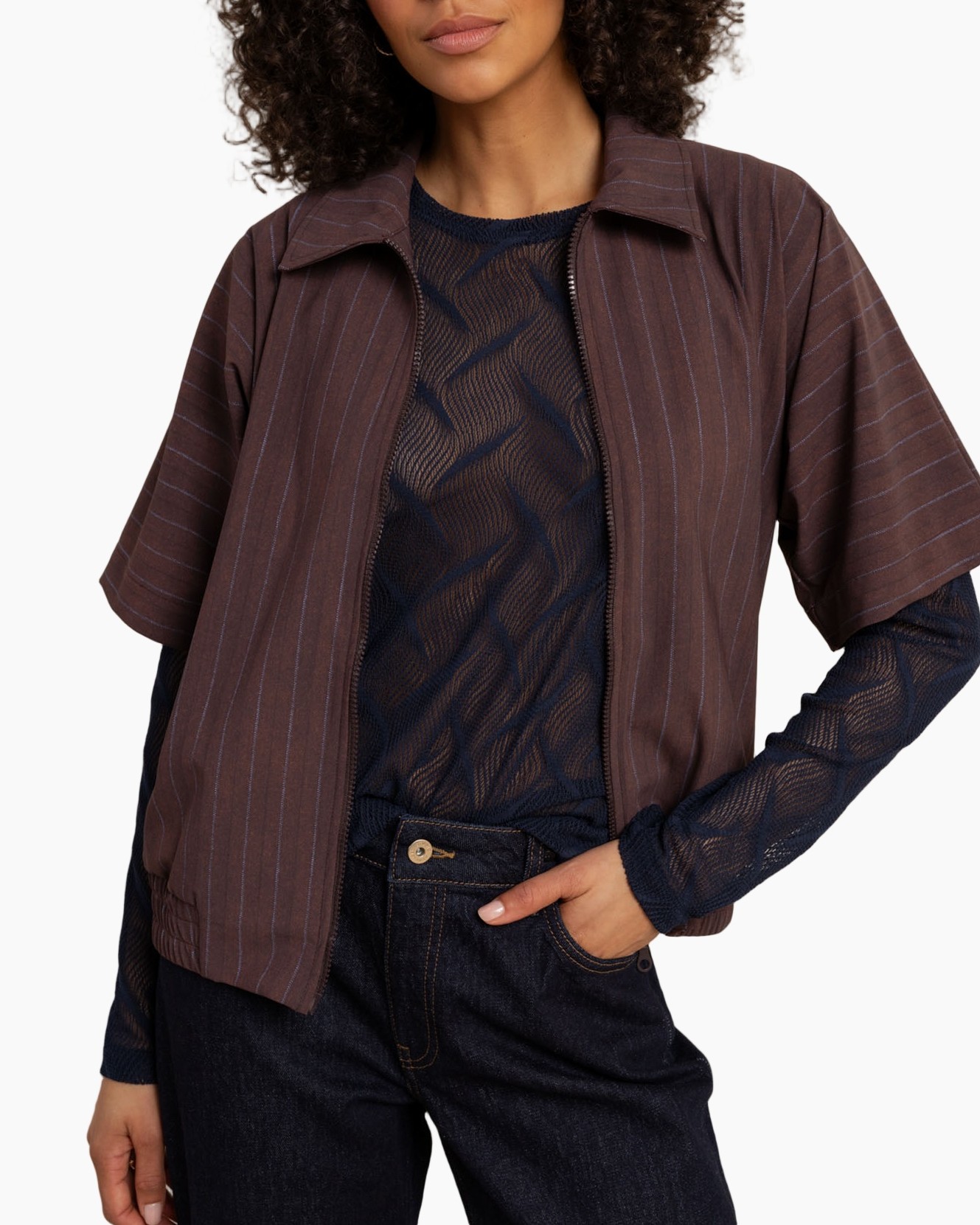 jascket, stoffen, gestreept patroon, mesh laag, donkerblauw