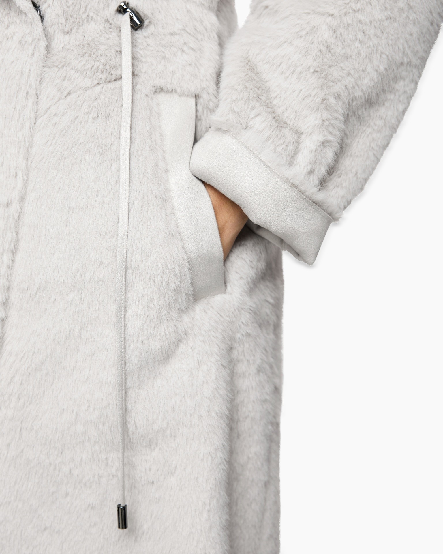 nep faux fur, jas, rits, zak, lichtgrijs