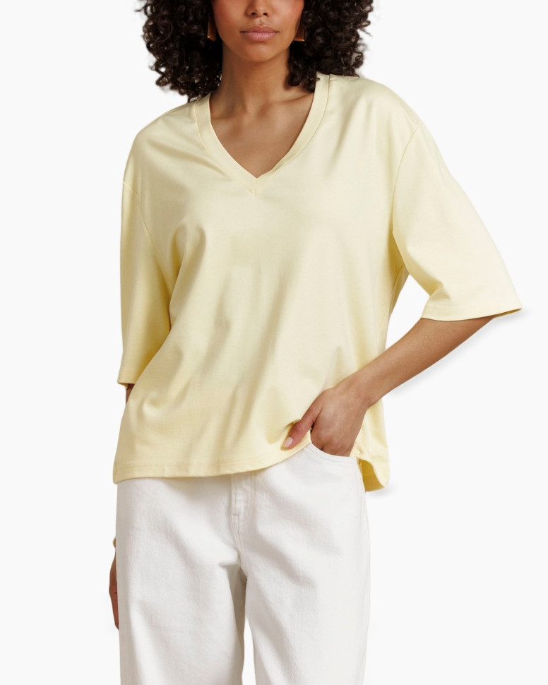 V-hals, T-shirt, Trui/blouse, Korte mouw, Pastelgeel
