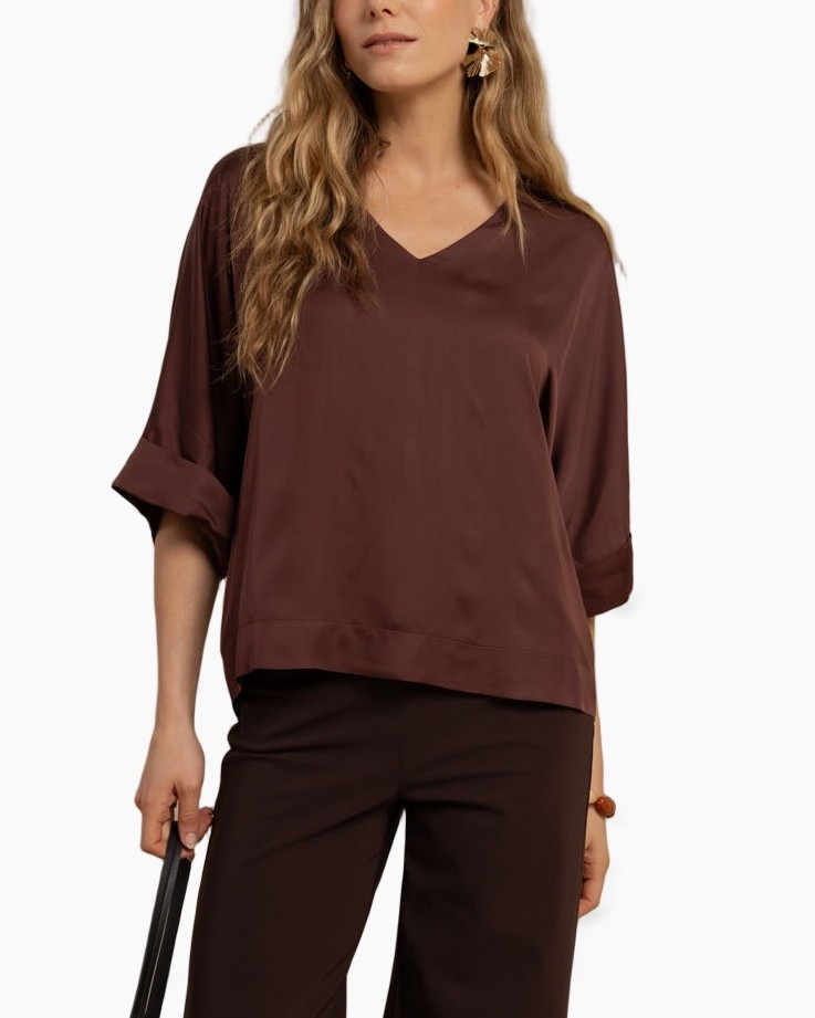 bruine top, V-hals, pofmouwen, zijden blouse, losvallend/ruim valt