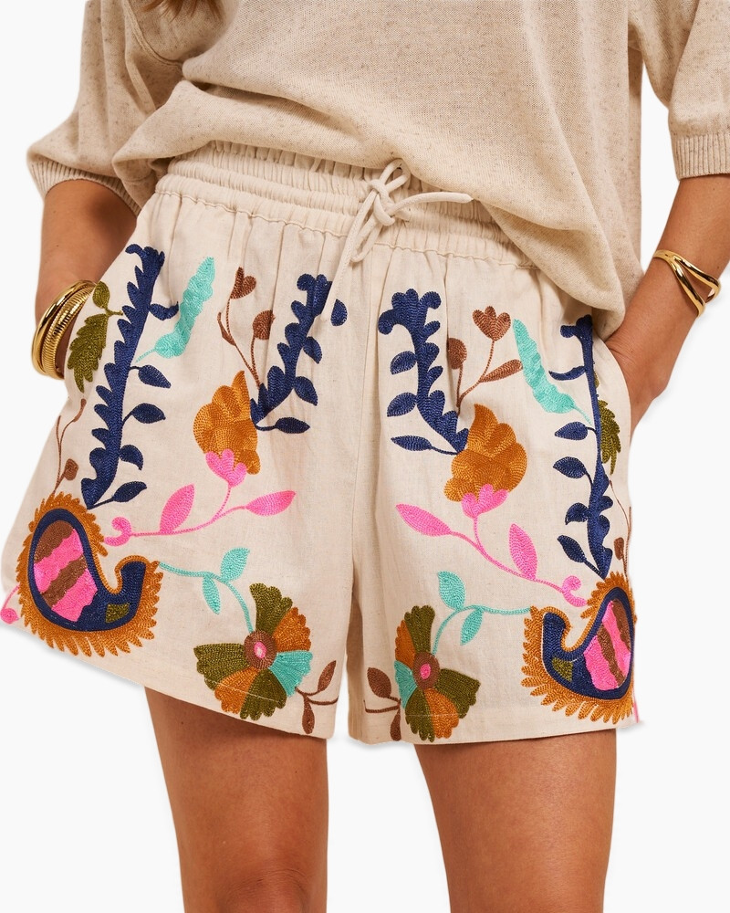 shorts, embroidered, beige, drawstring, floral