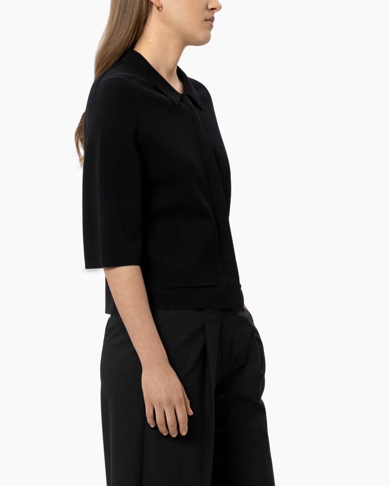 zwart, jasje, kraag, zakken, short-sleeve