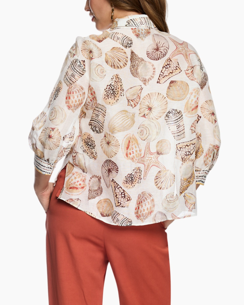 blouse, shell shirt, sea shell print, button front, long sleeve