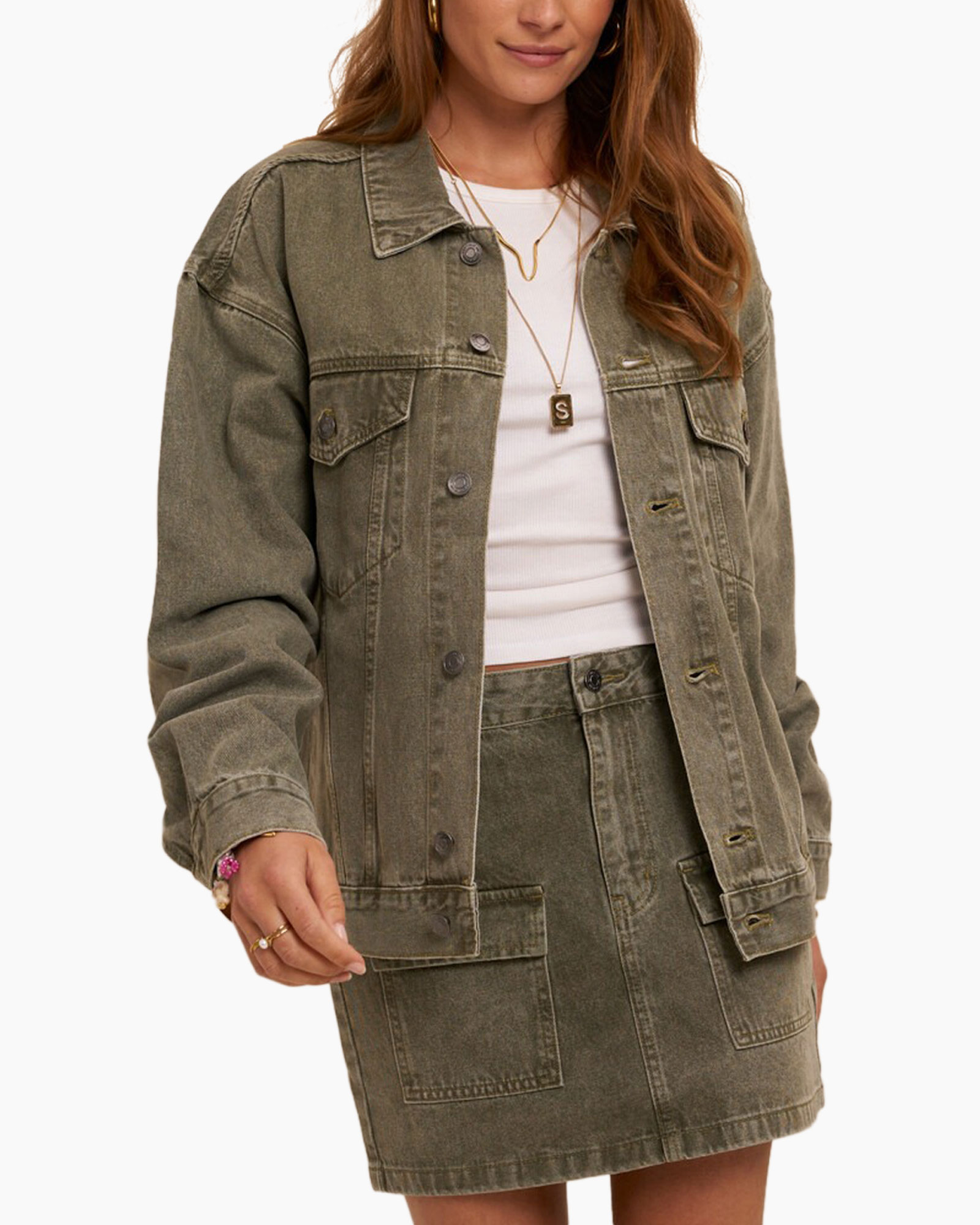 jacket jeans, olijfgroen, oversized, knopen voorzijde, zakkenrok set