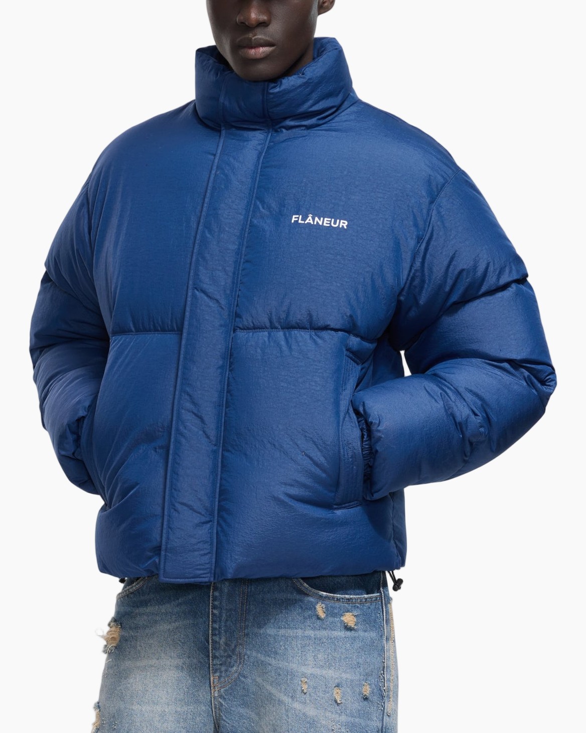 donsjas_puffer, donsjas_down, blauw, hoge_kraag, logo_tekst