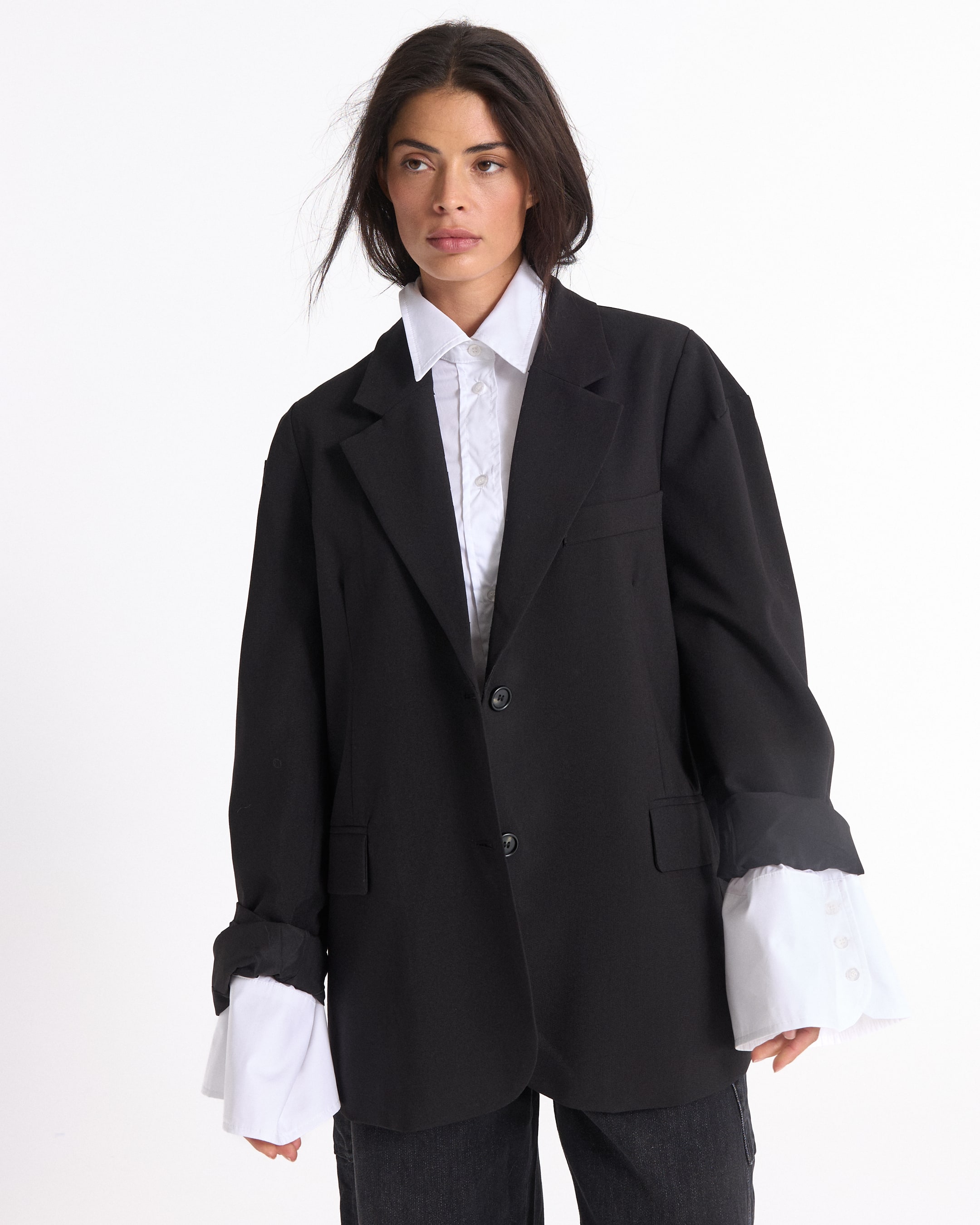 blazer, blazer oversized, zwart, langwerpig, kraag shirt
