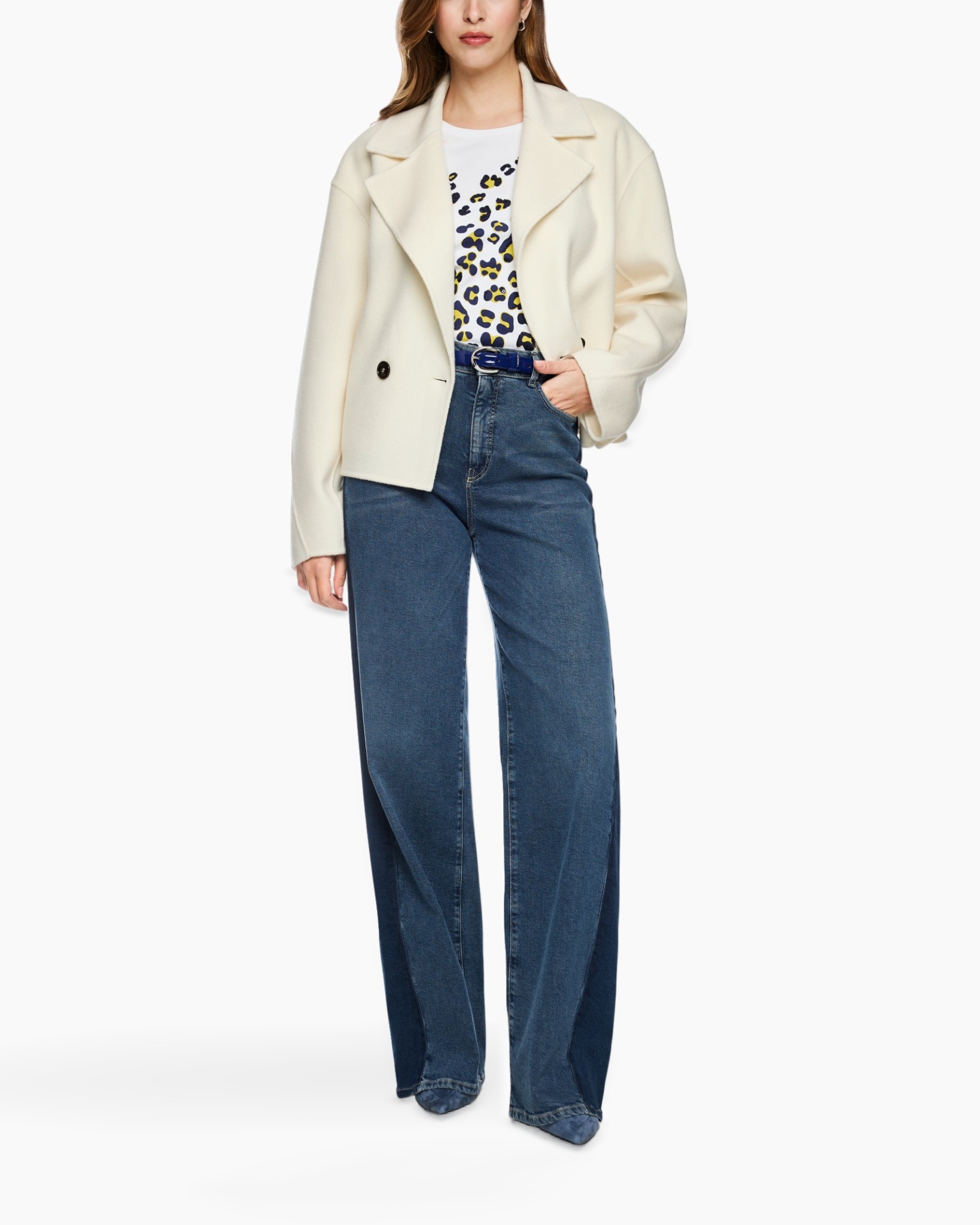 jas, jasje, crème, dobbelrij, wijdedelige Jeans