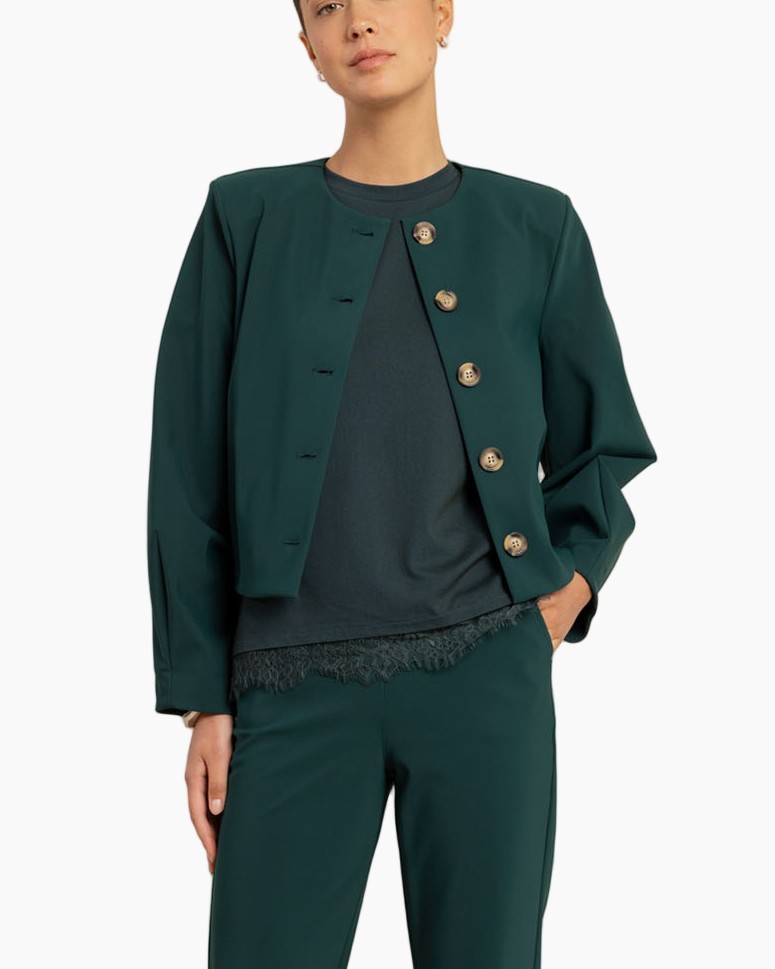 groene jas, knopen jas, lange mouwen, donkergroene, casual pak