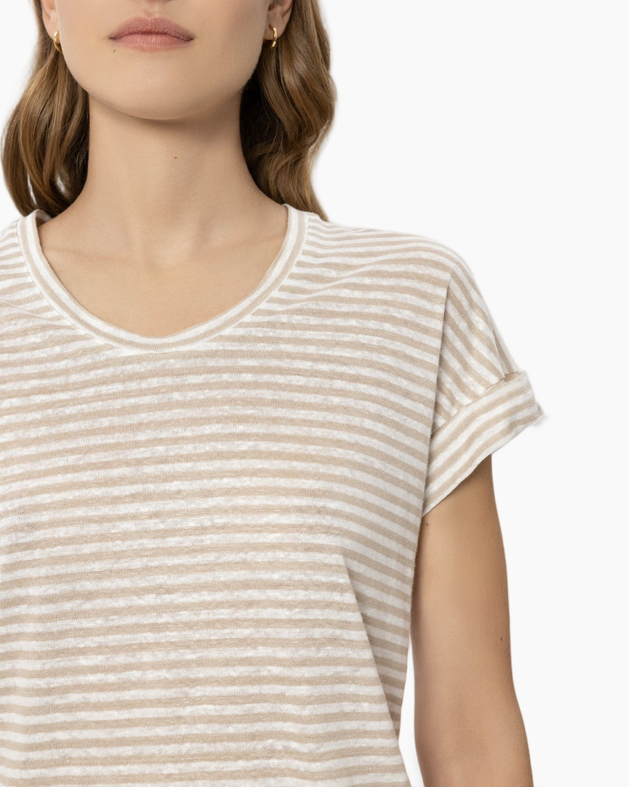 t-shirt, strepen, beige, korte mouw, crewneck