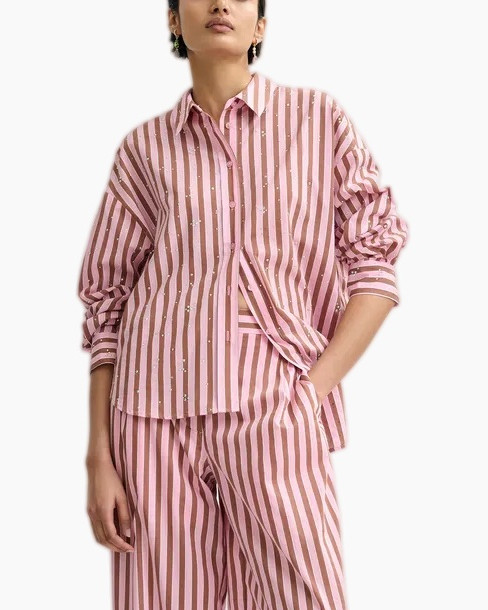 streepd blouse, roze shirt, lange mouw, knopen voor, casual set