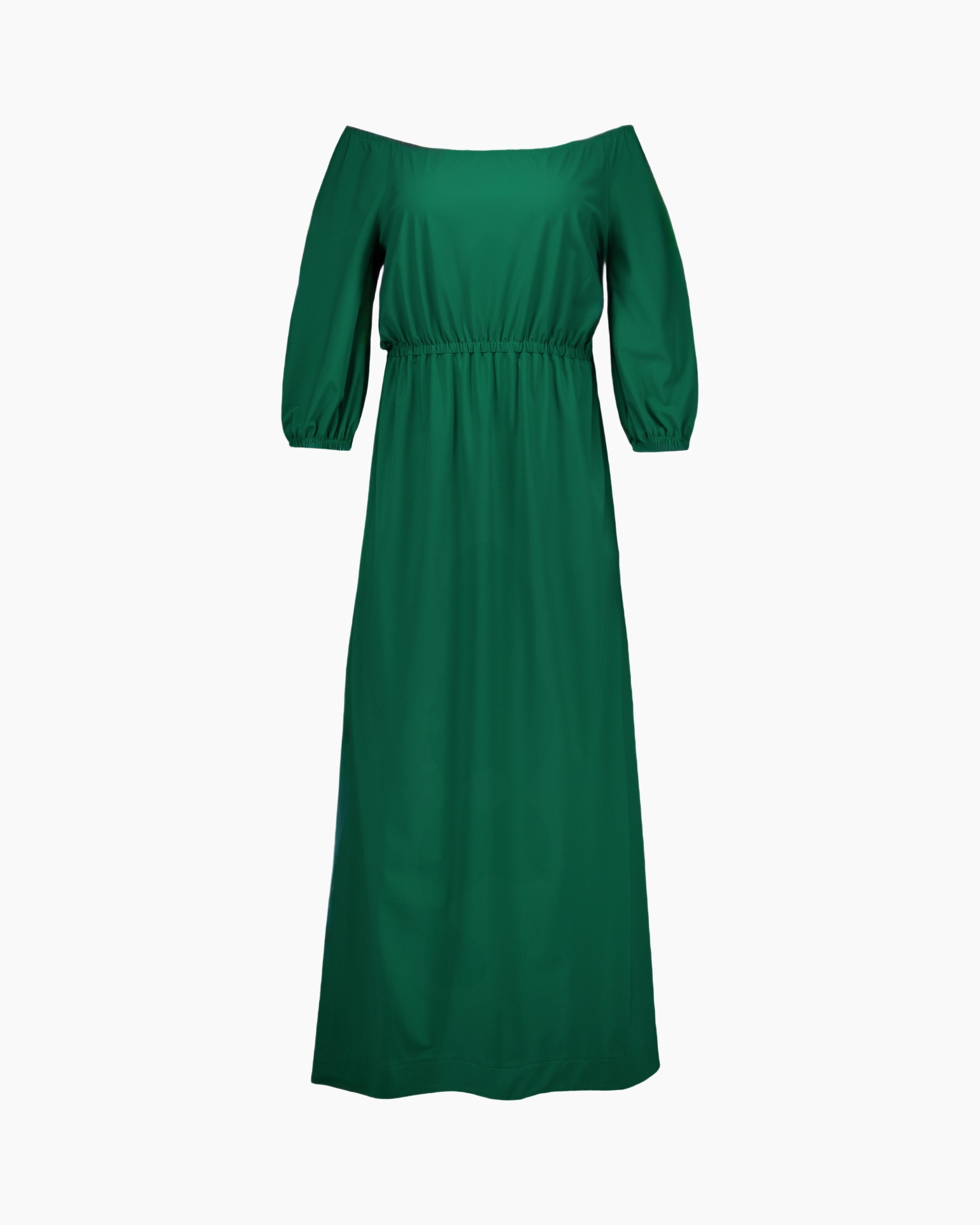 green, maxi dress, off-shoulder, elastic waist, three-quarter sleeves