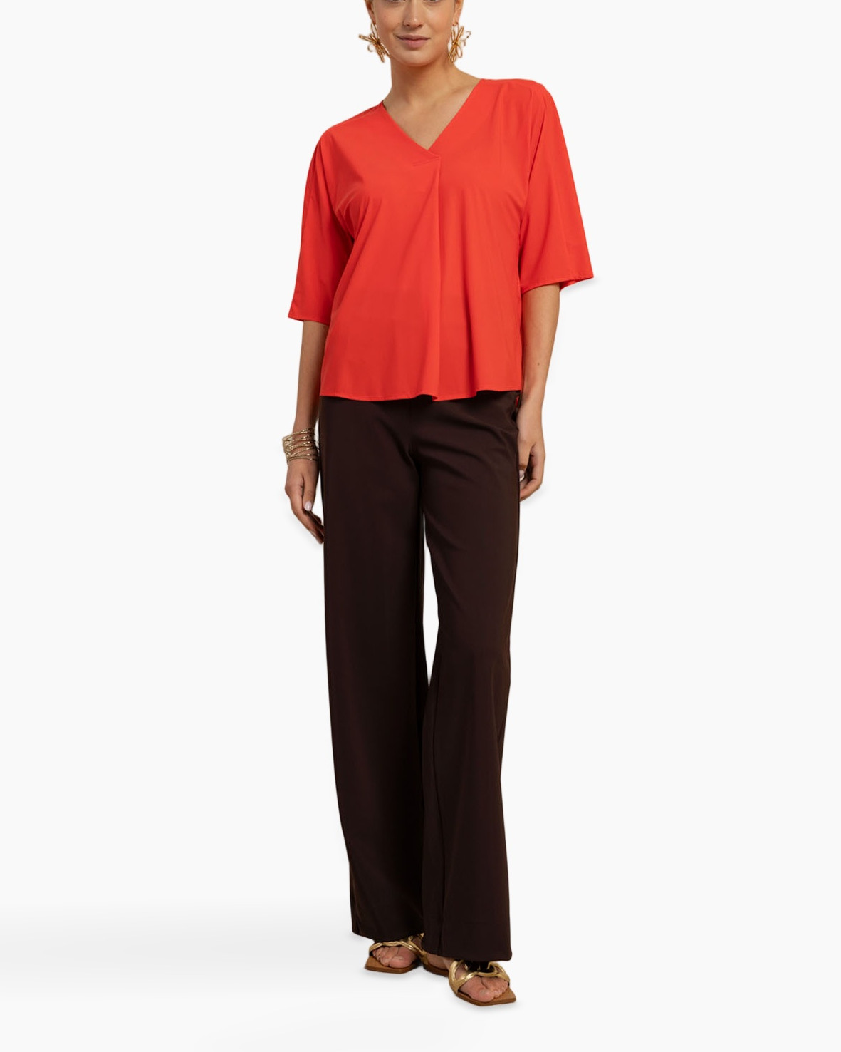 blouse, top, red, V-neck, short-sleeved