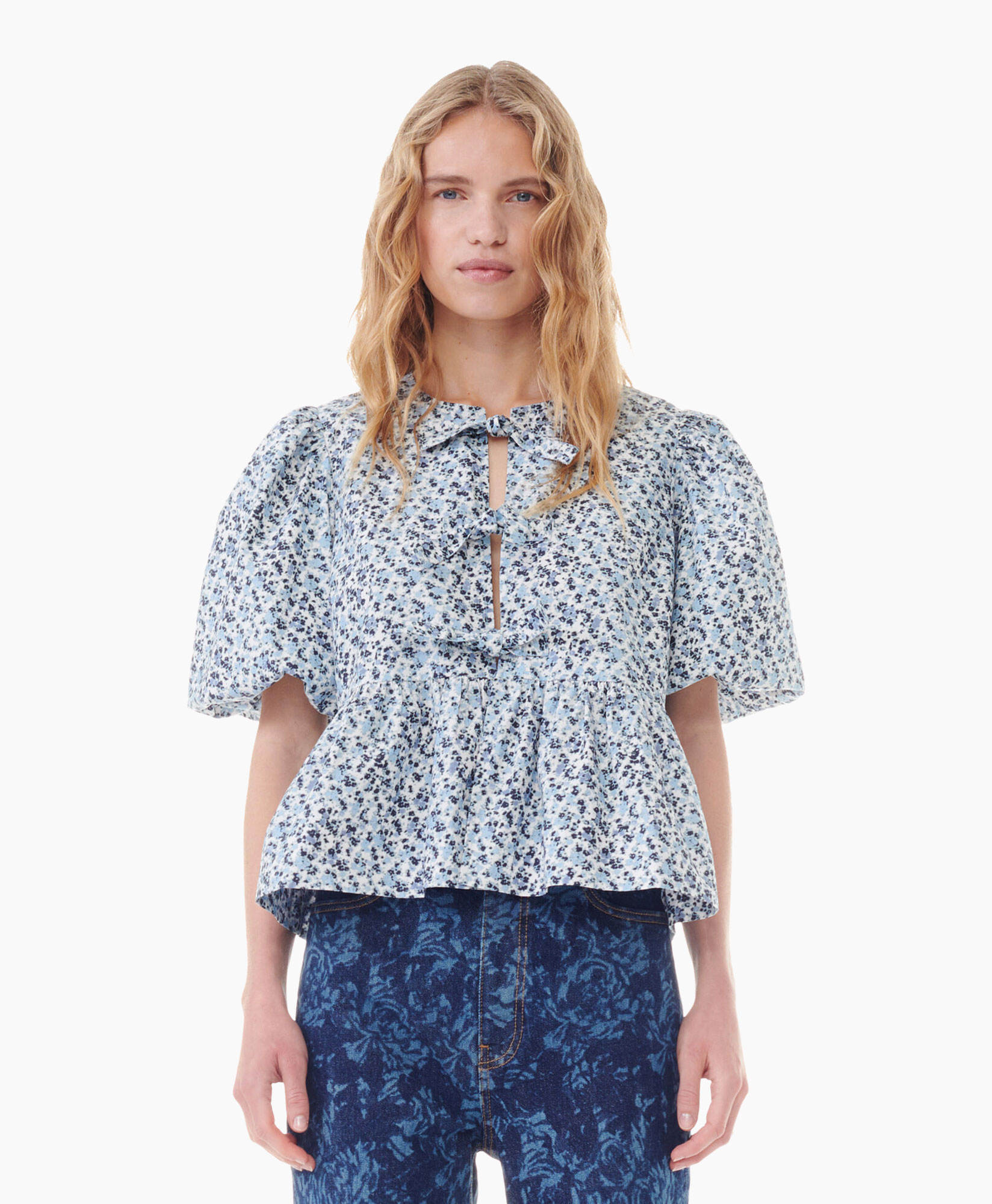 Blouse Printed Cotton Poplin Peplum Blauw