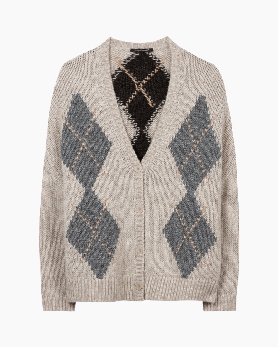 cardigan, brei, argyle, beige, lange mouw