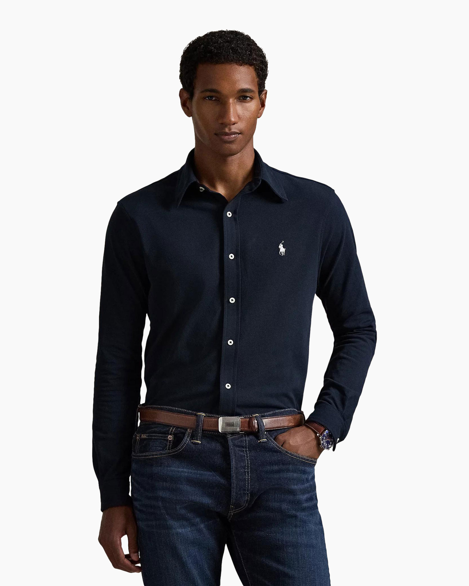 shirt, knopjeshemd, lange mouwen, marineblauw, polo-logo