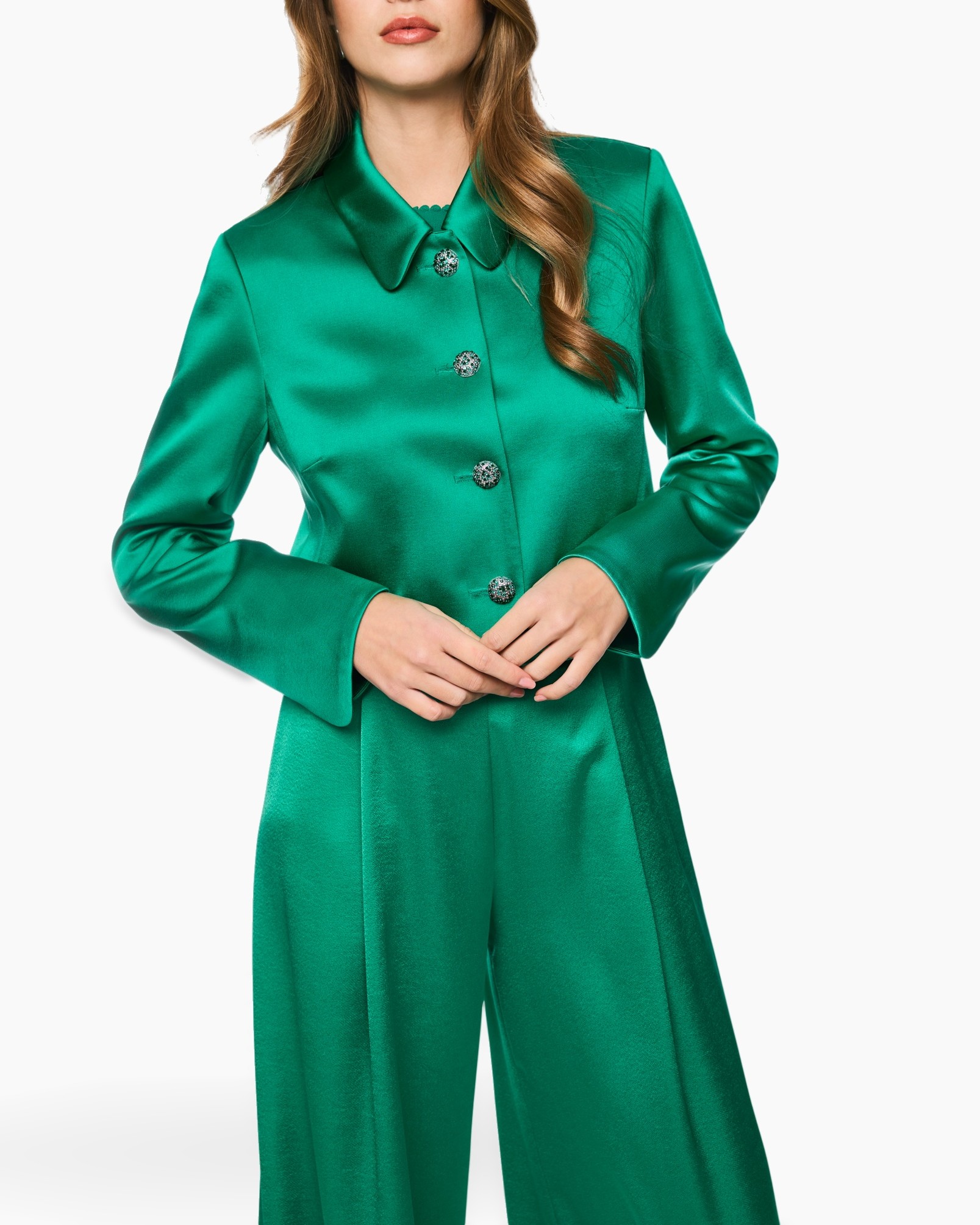 groen, jumpsuit, satijnachtig, kraag, knopen
