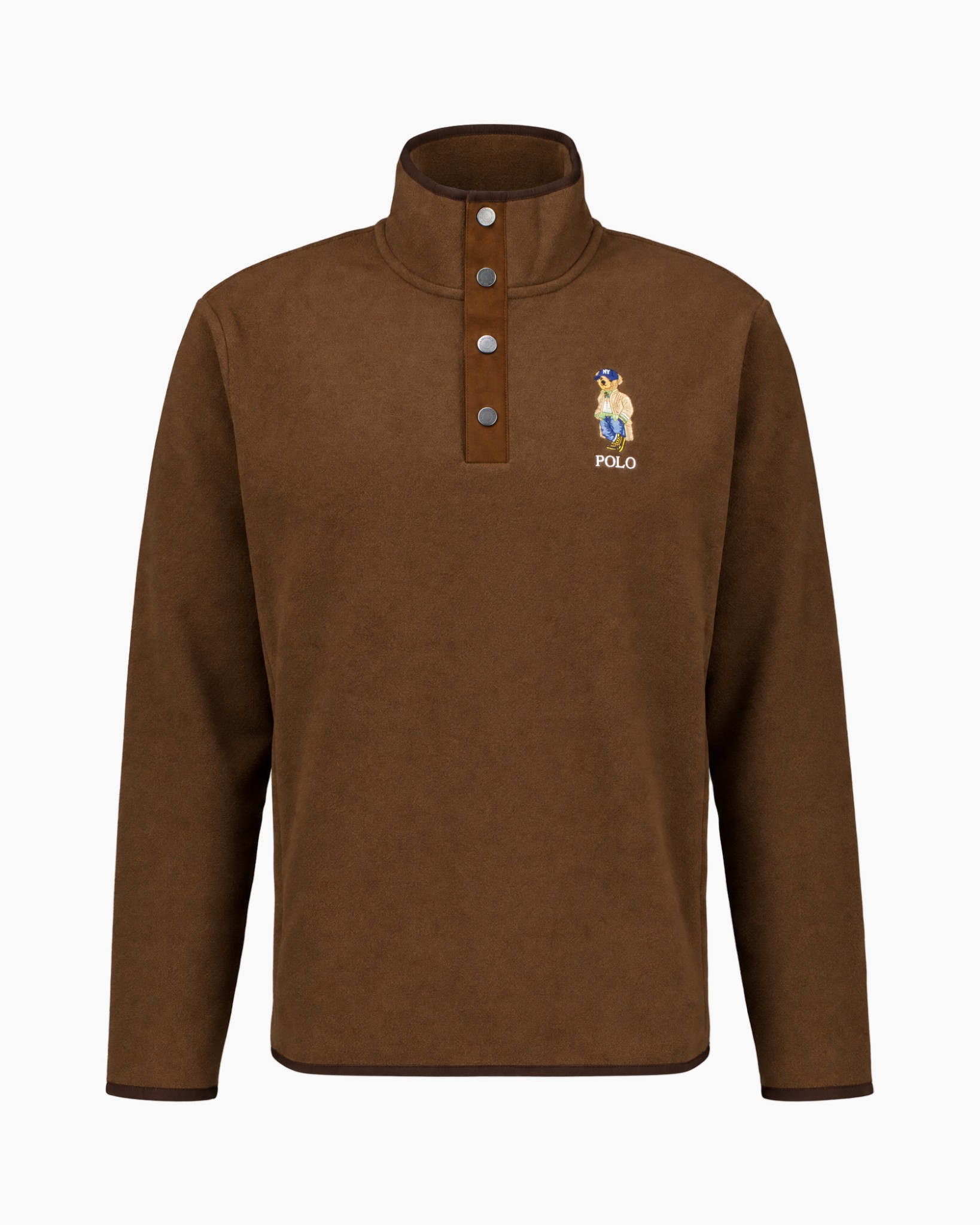 bruine pullover, fleece trui, opstaande kraag, drukknoopsluiting, geborduurd logo