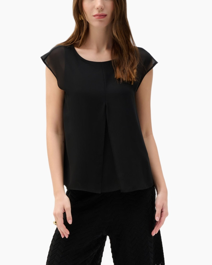 black top, sheer sleeves, ploose fit, round neck, women's blouse