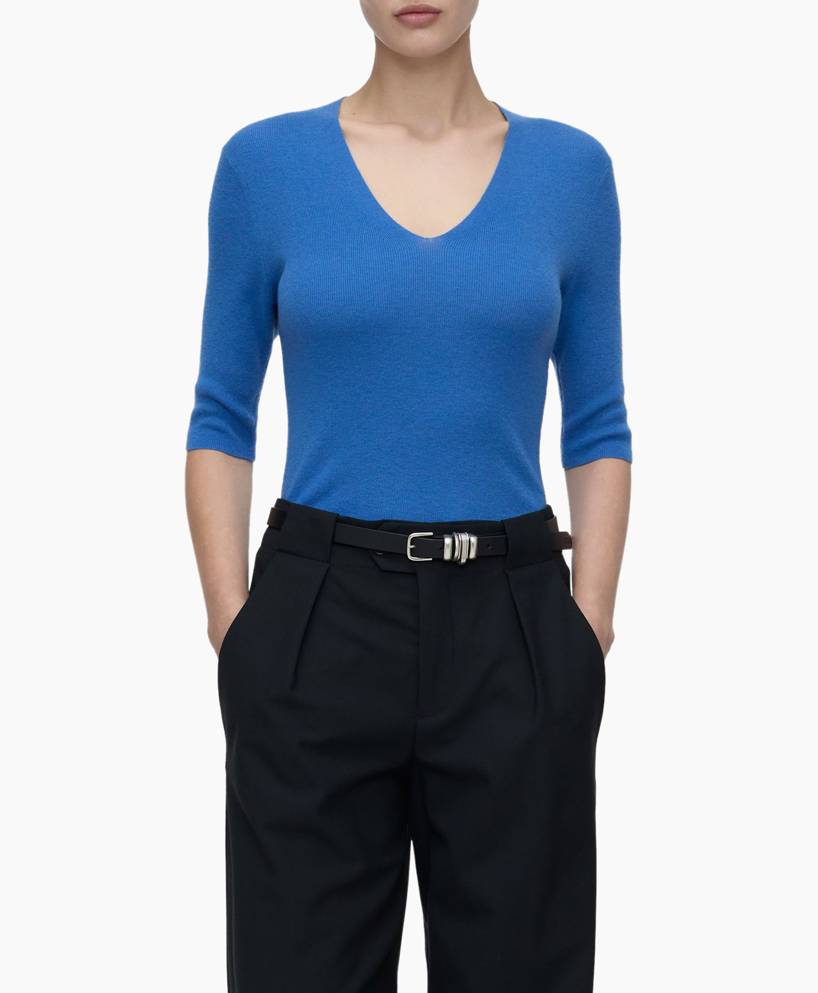 Gebreide Trui Slim V-neck Short Blauw