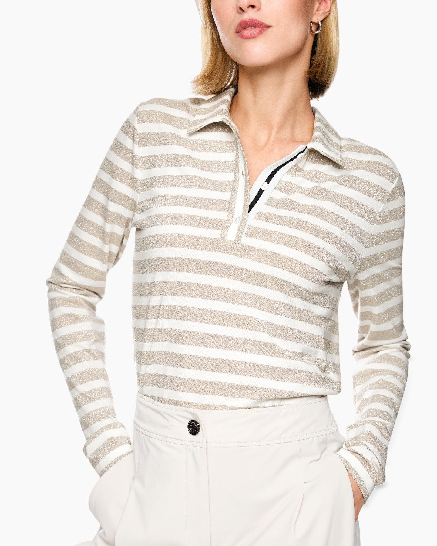gestreepte polo, langer mouw shirt, beige wit, kraag, polo top