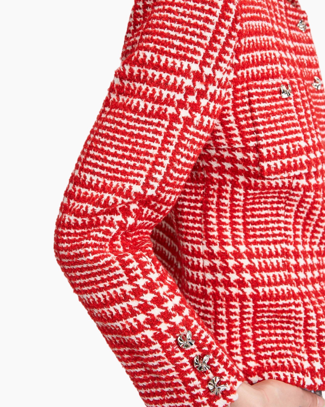 jas, rood-wit, hanenvoetpatroon, gestructureerde stof, metalen knopen