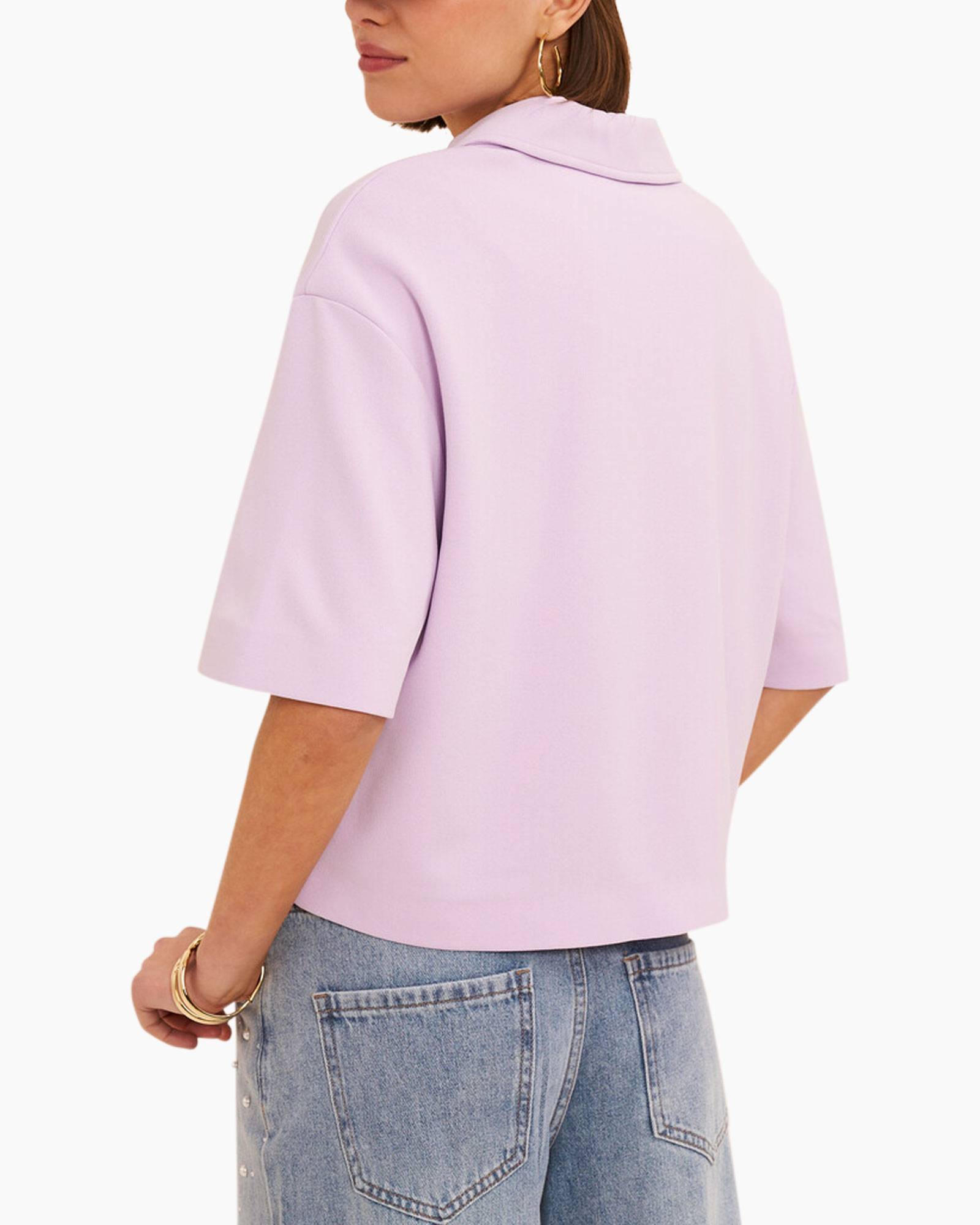 lilac top, zippered jacket, collared blouse, short sleeves, pearl-embellished jeans