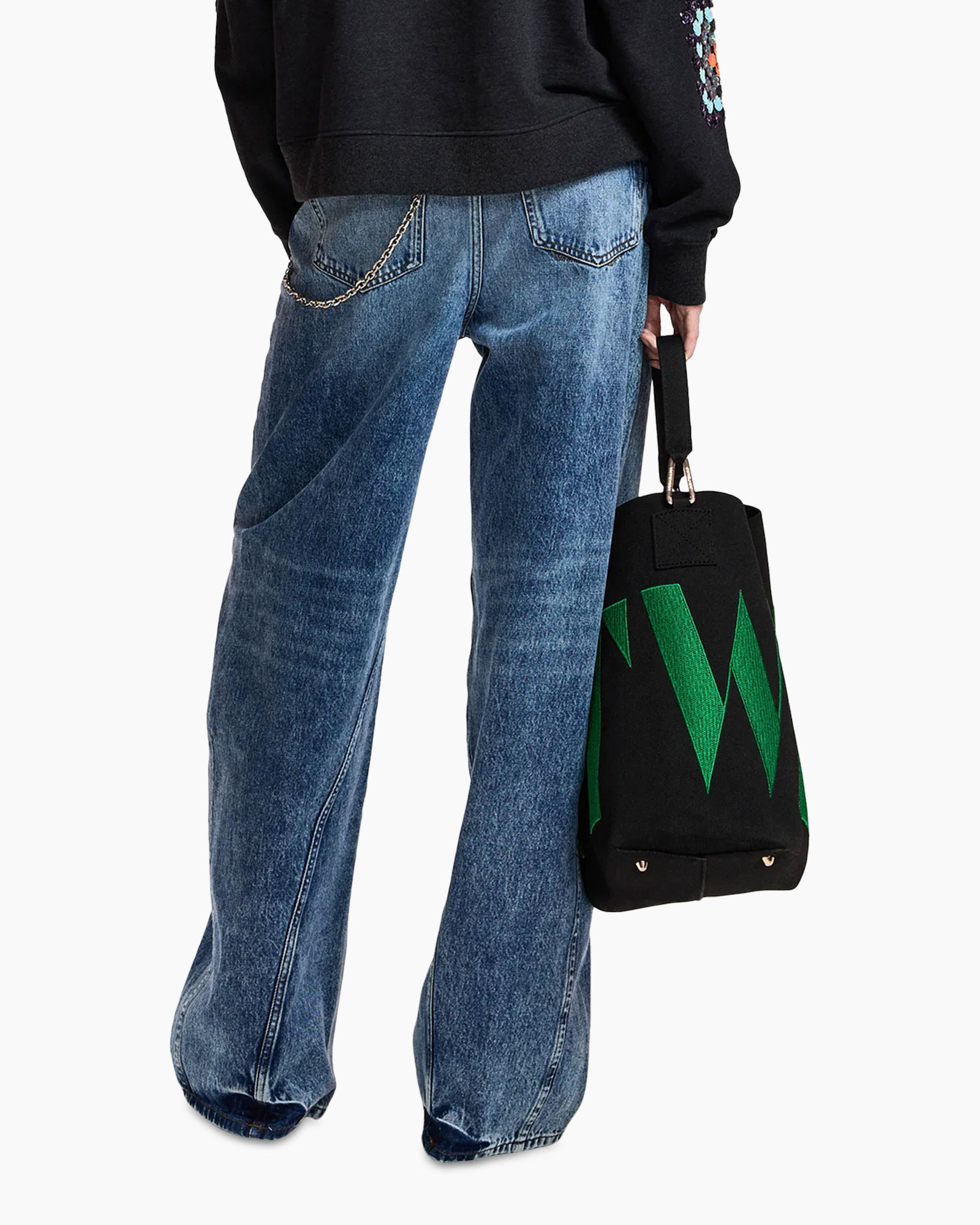 broek, wijdlopende, blauw denim, hoge taille, geribd