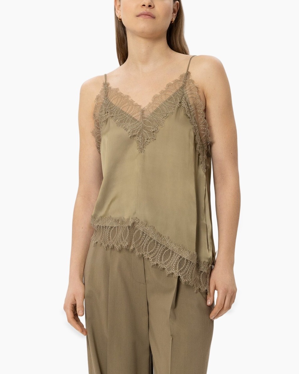 renda rits, mouwloze top, spaghetti bandjes, satijn, laagjes top