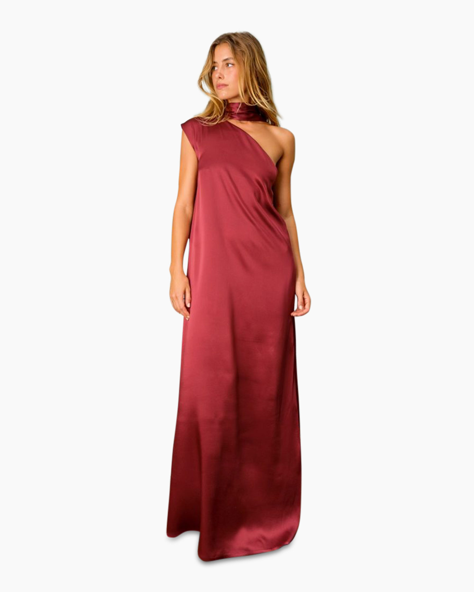 one-shoulder, evening-gown, satin, burgundy, full-length