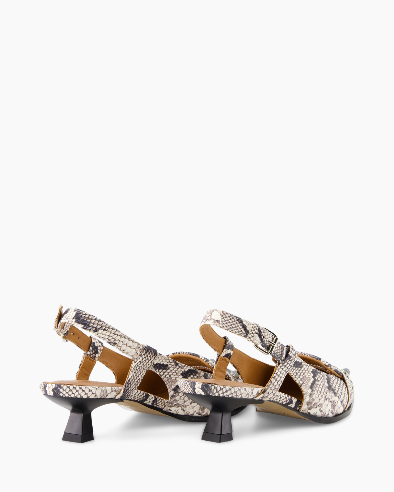 sandalen met enkelband, slangenprint, lage hak, open achterkant,  slip-on