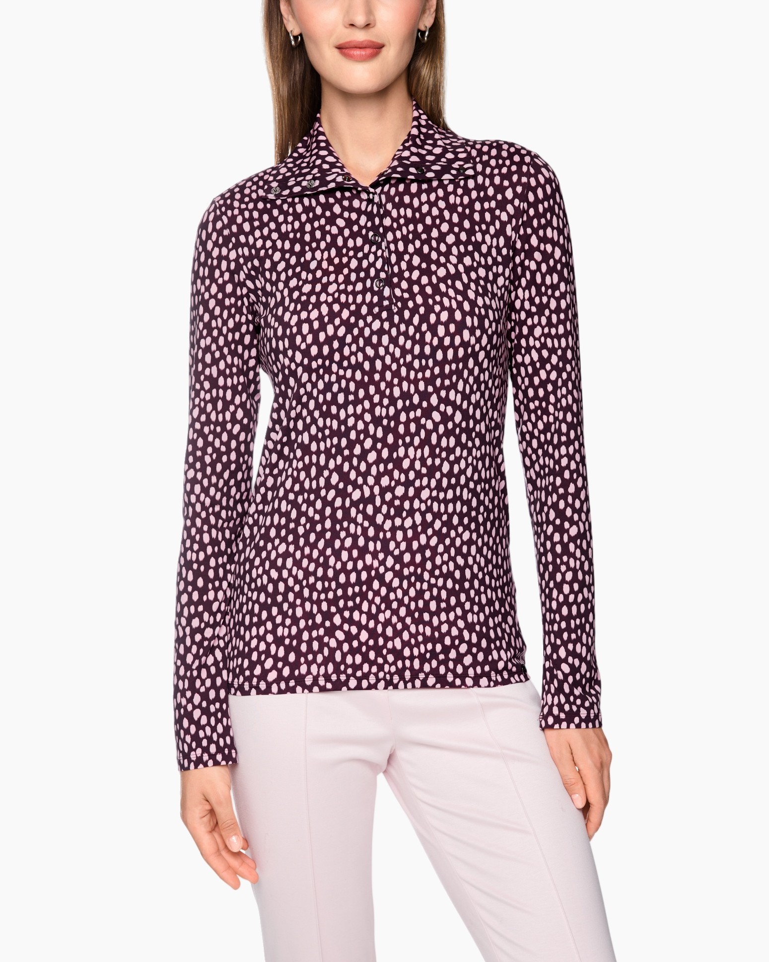 lange mouwen, knopsluiting, polkadot, patroon, paars-zwart