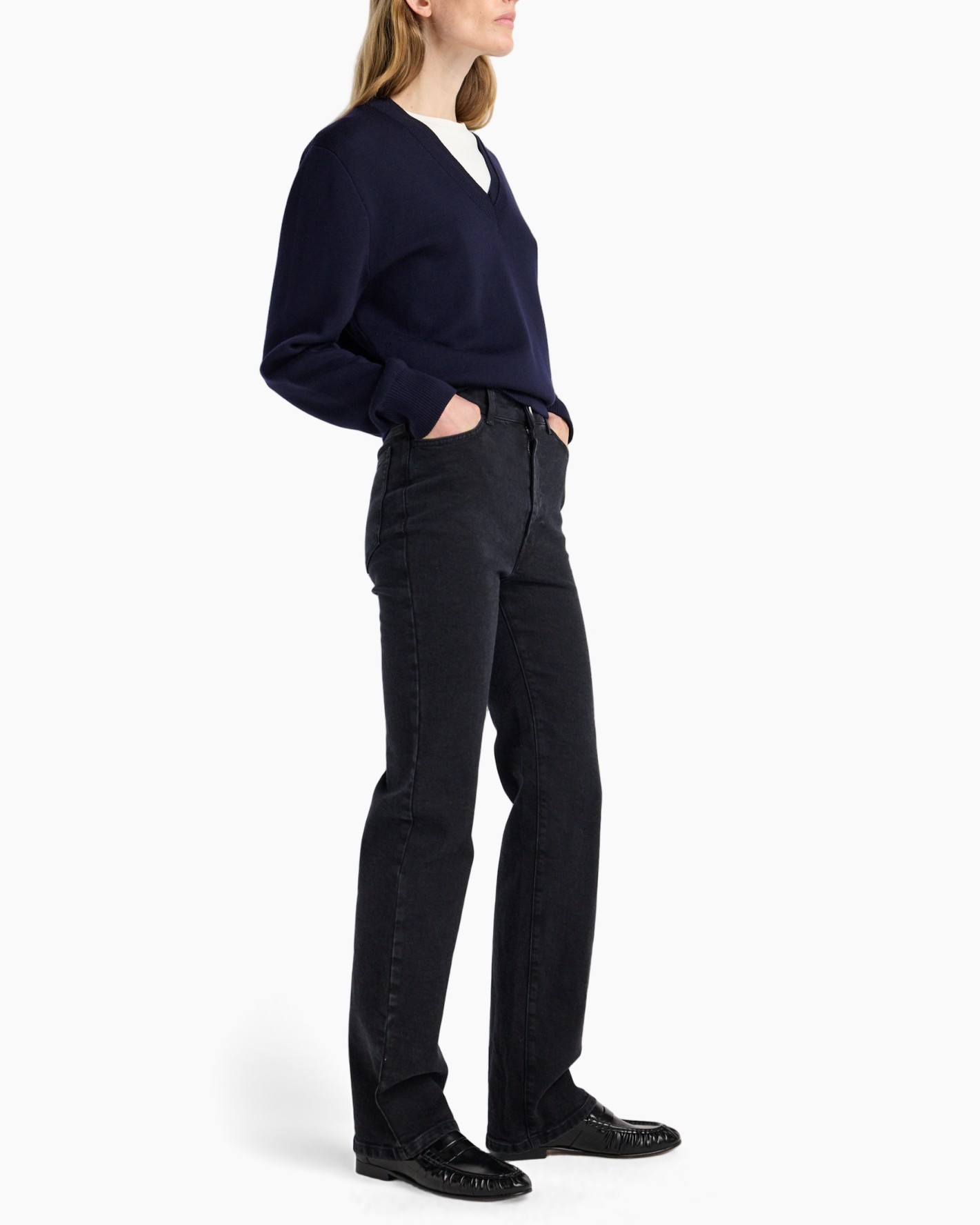trui, nieuwe, navy, V-hals, lange mouwen, broek