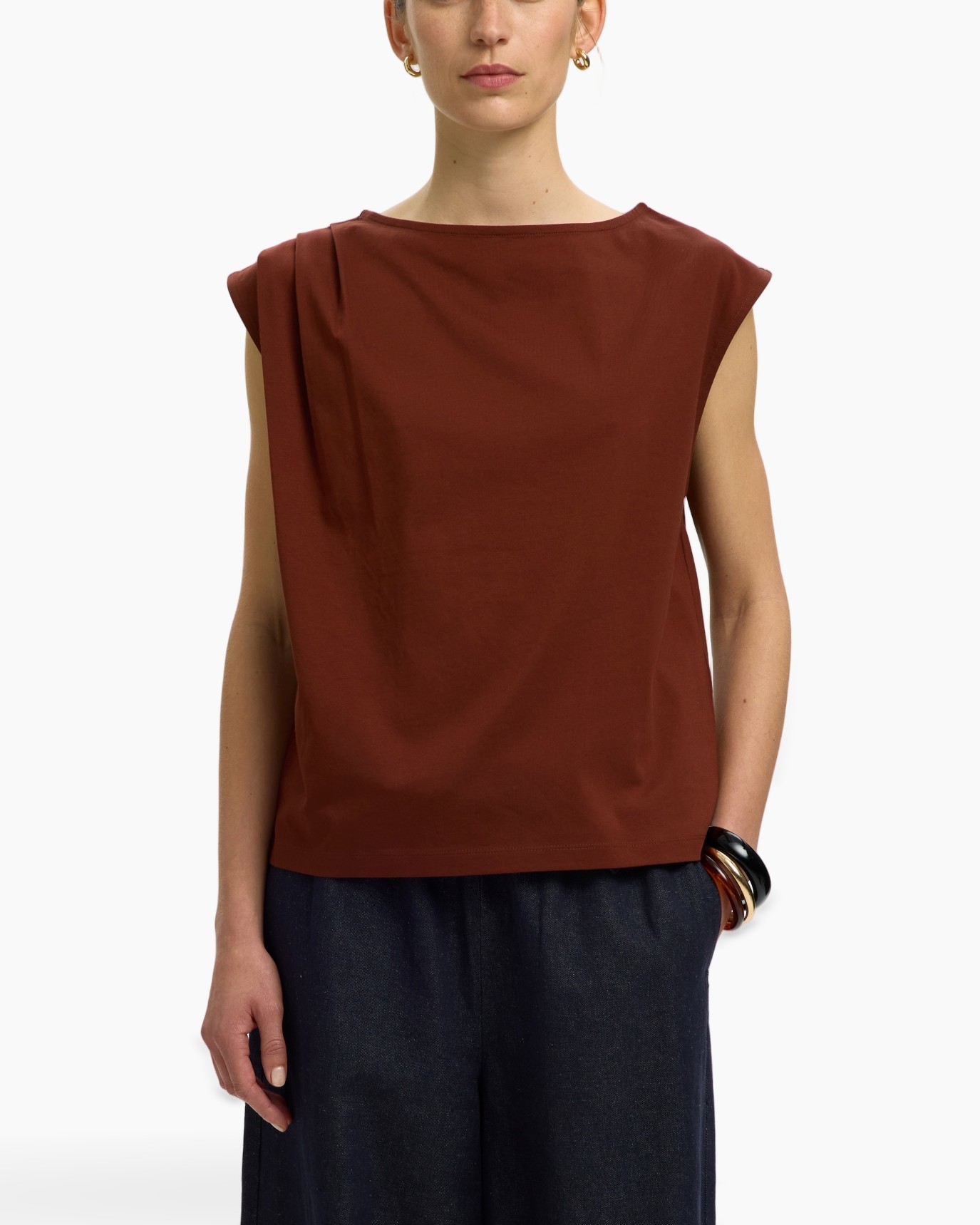 top zonder mouwen, roestkleur, egale/egale stof, katoenmix, casual blouse