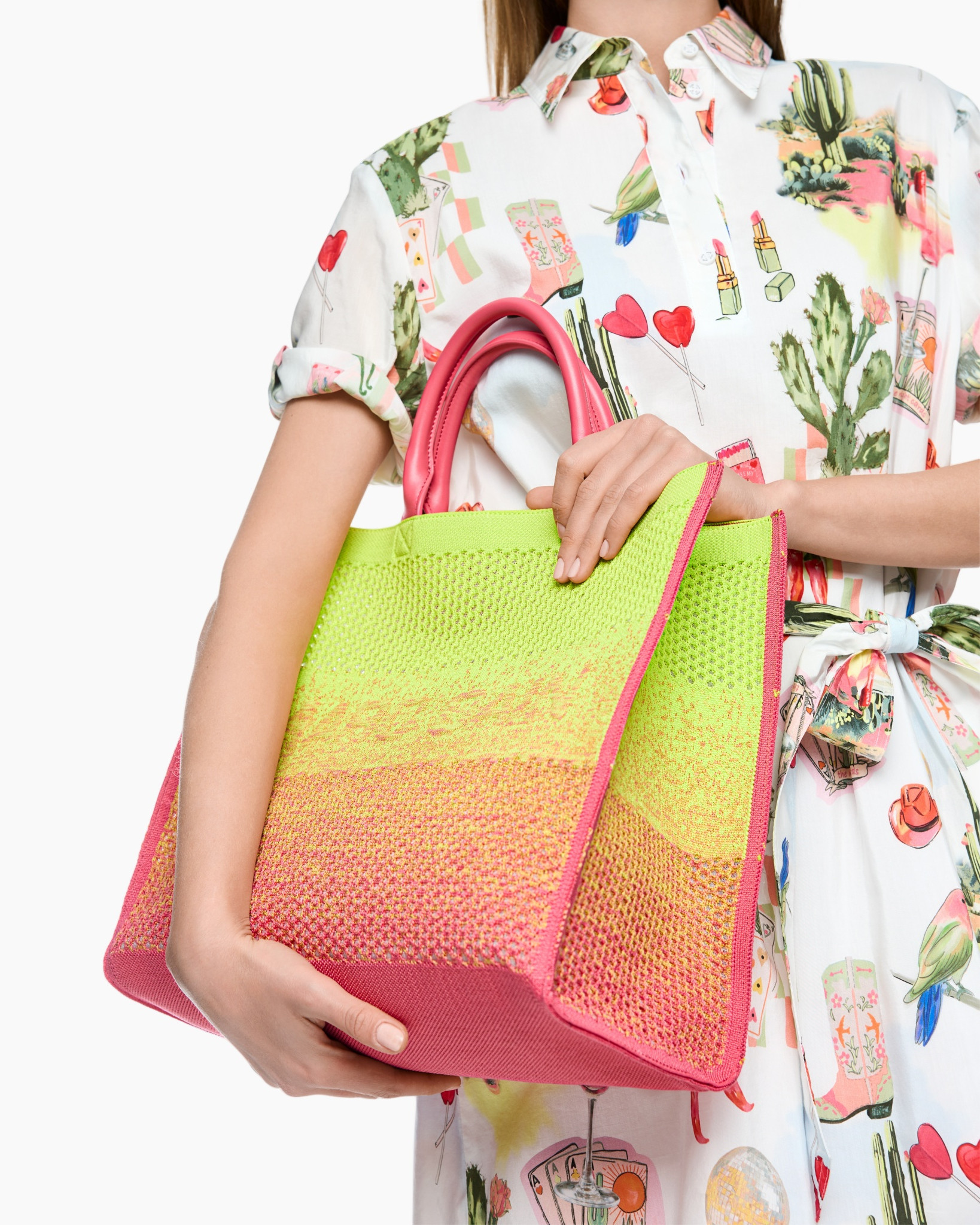 neon bag, mesh tote, pink handles, colorful bag, woven tote