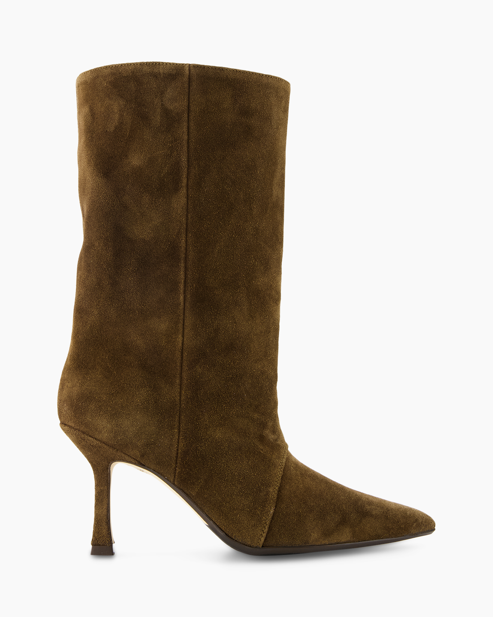 kuitkorte?, suede, bruin, middelhooghiel, puntige neus