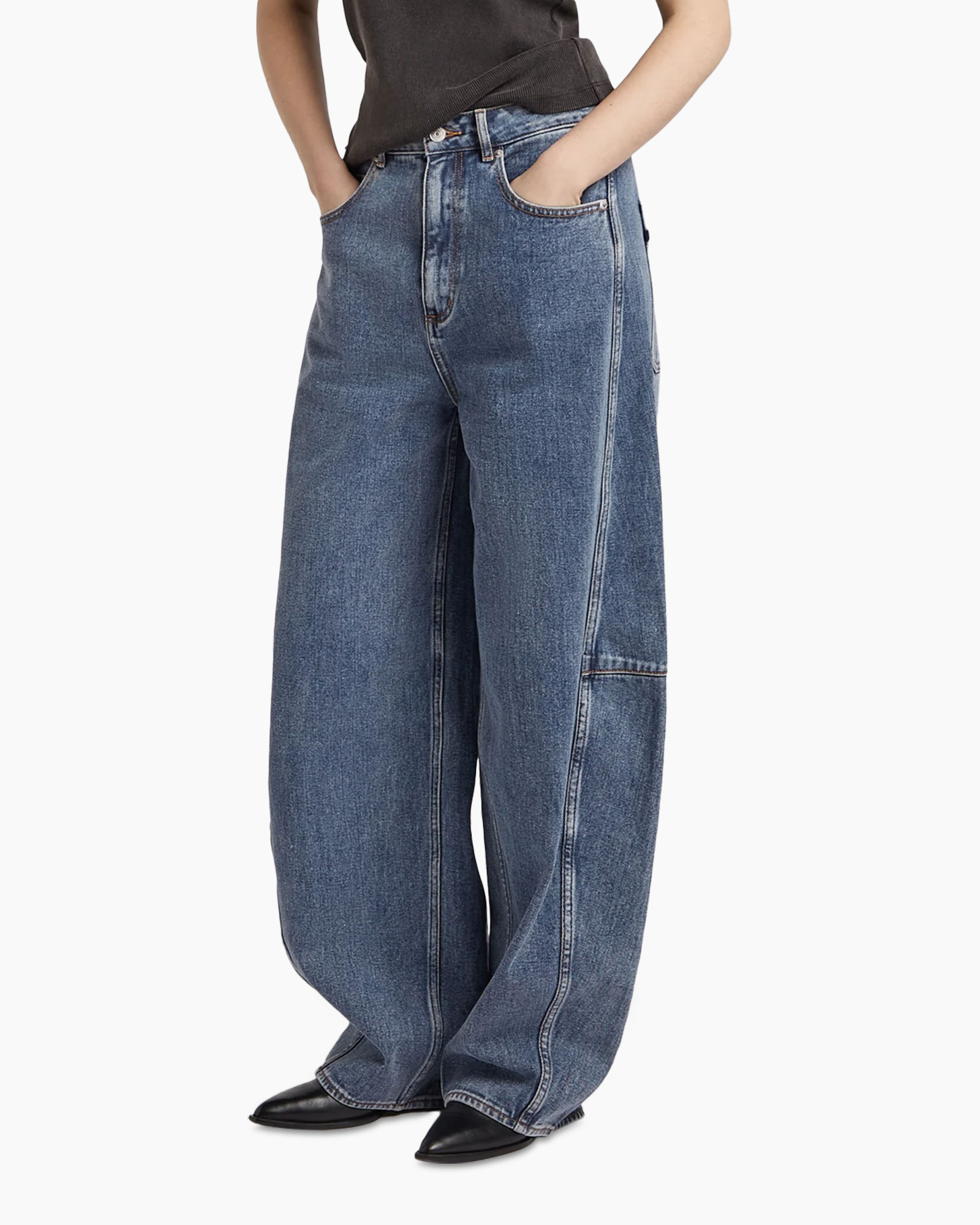 wide-leg jeans, denim, blue, high-waist, pocket detailing