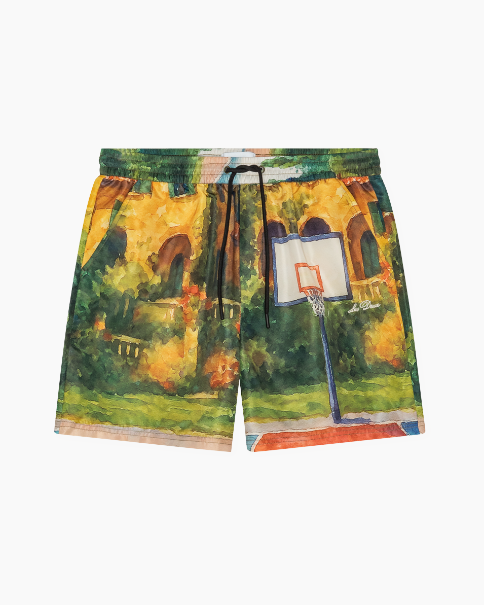 shorts, basketbalbroek, koordsluiting, print,  canvasafdruk