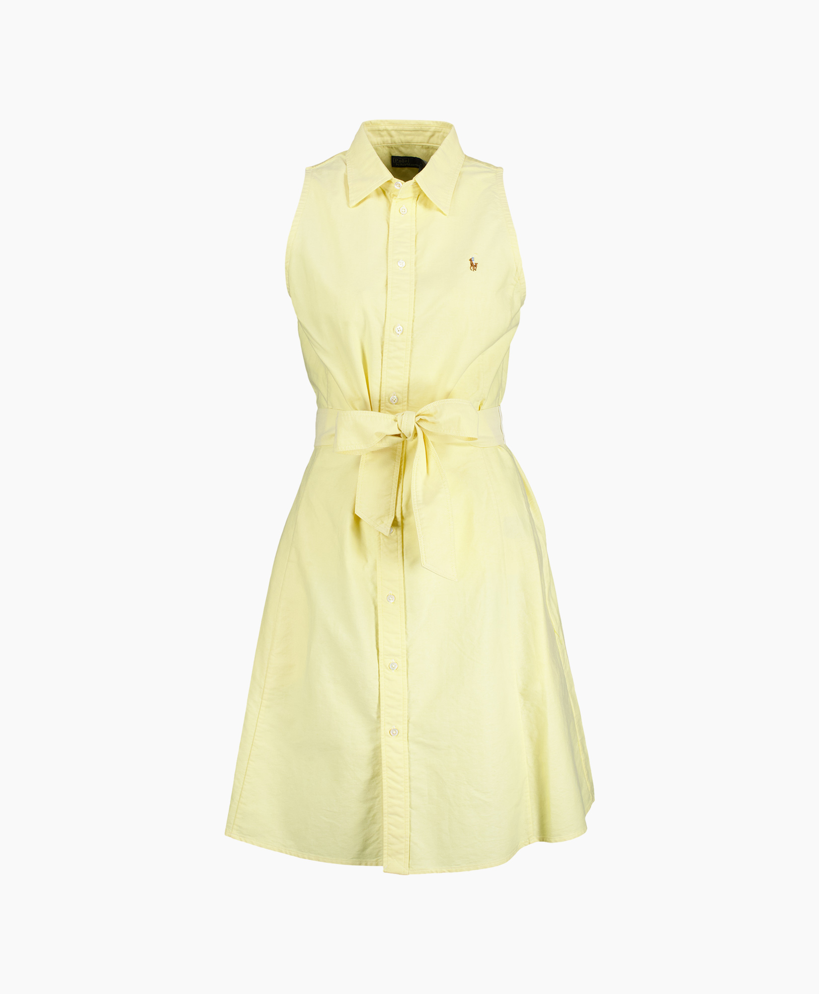 jurk, shirt dress, mouwloos, riem, geel