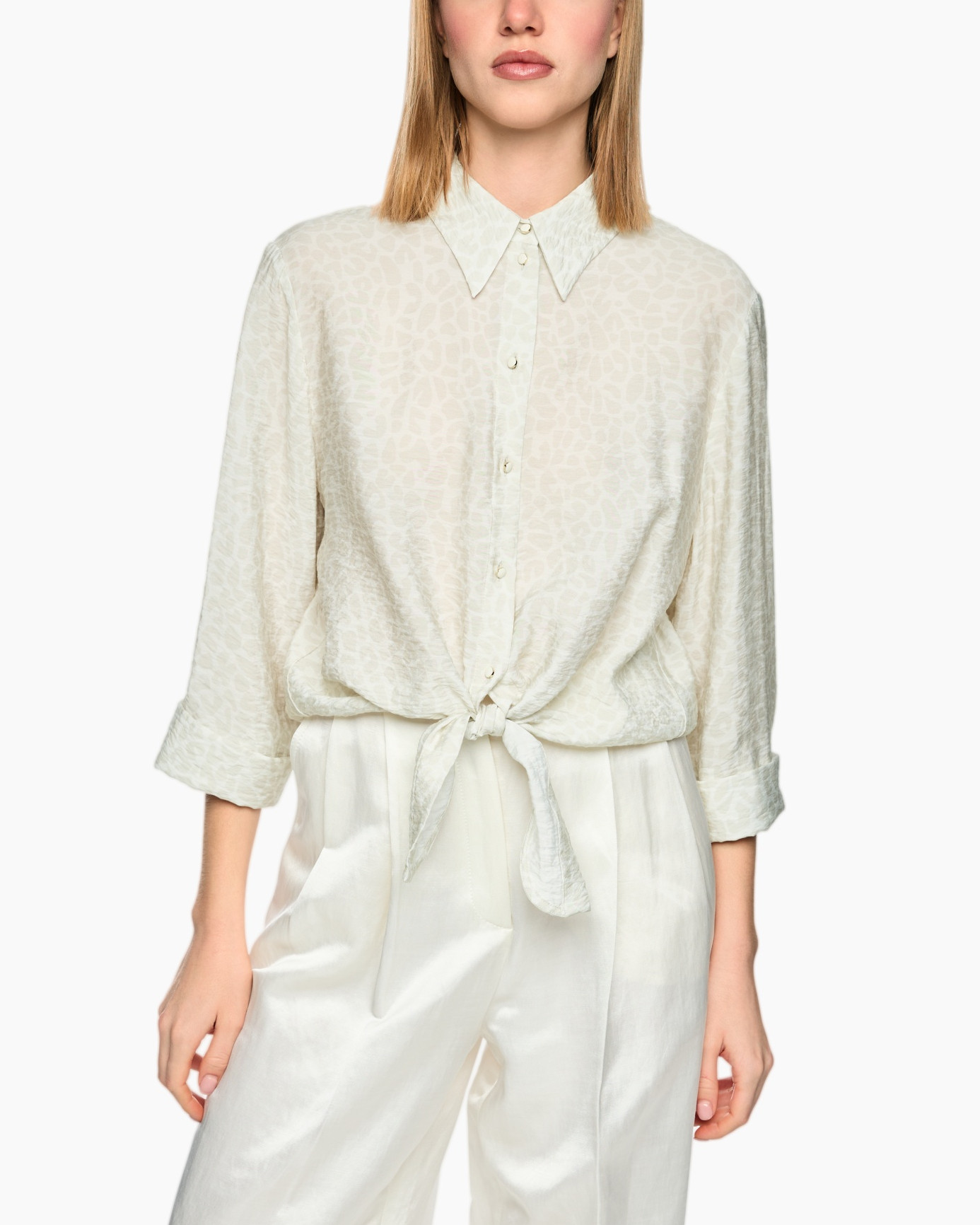 blouse, kraag, mouw-lang, ceintuur-knoop, beige patroon