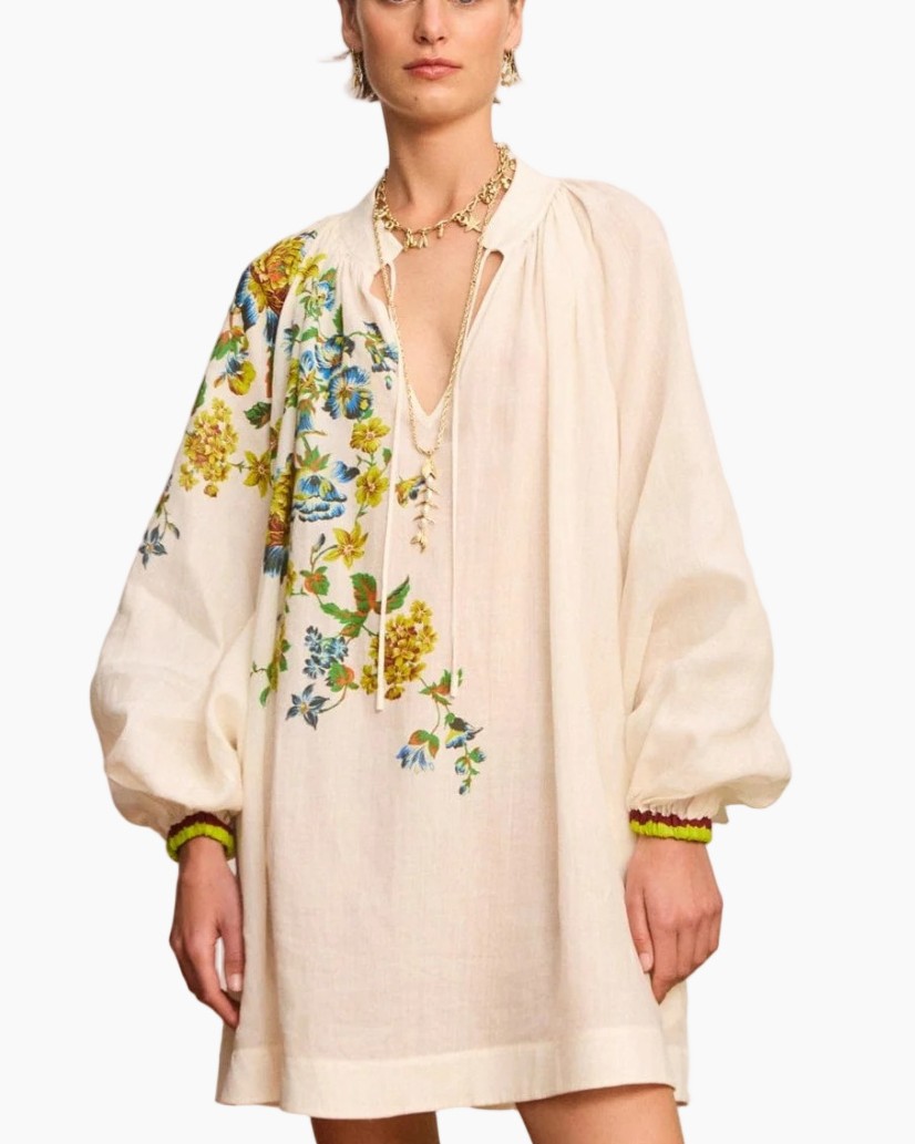 embroiderei, floral, vloei-sleeve, beige, tunika