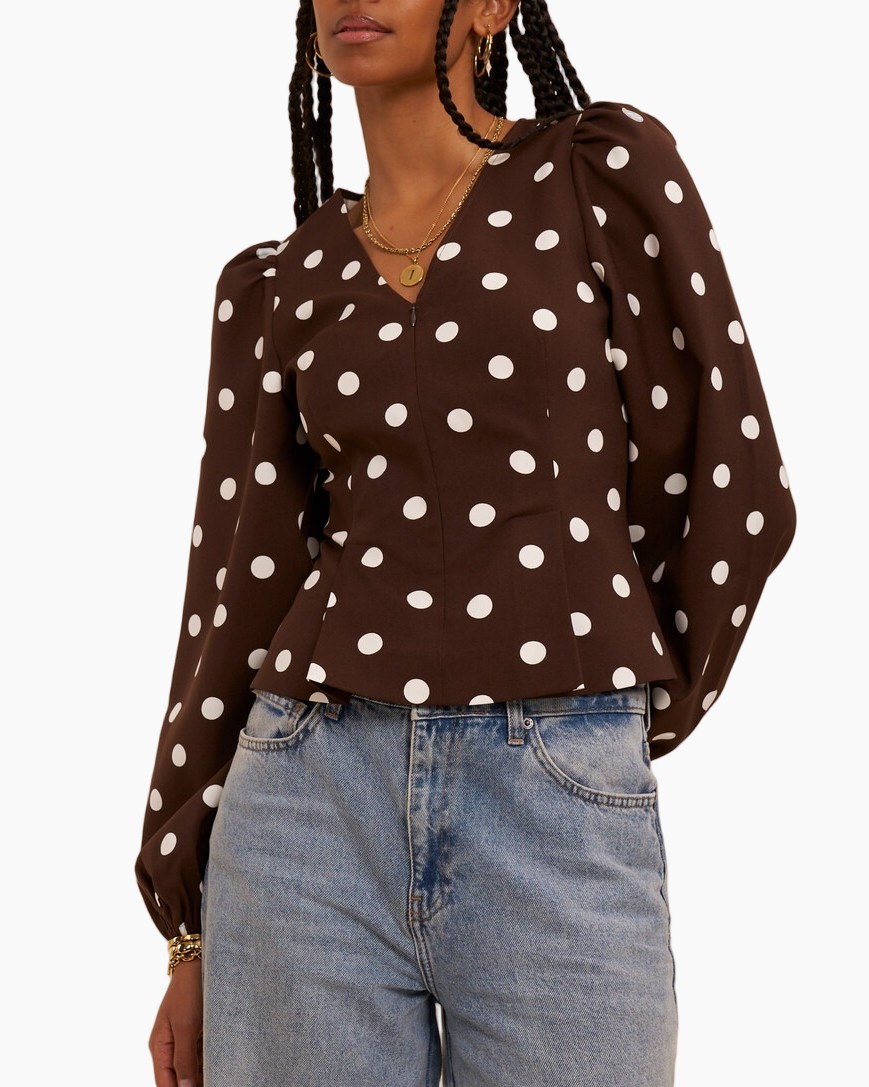 spotted, bruin top, lange mouwen, V-hals, blouse