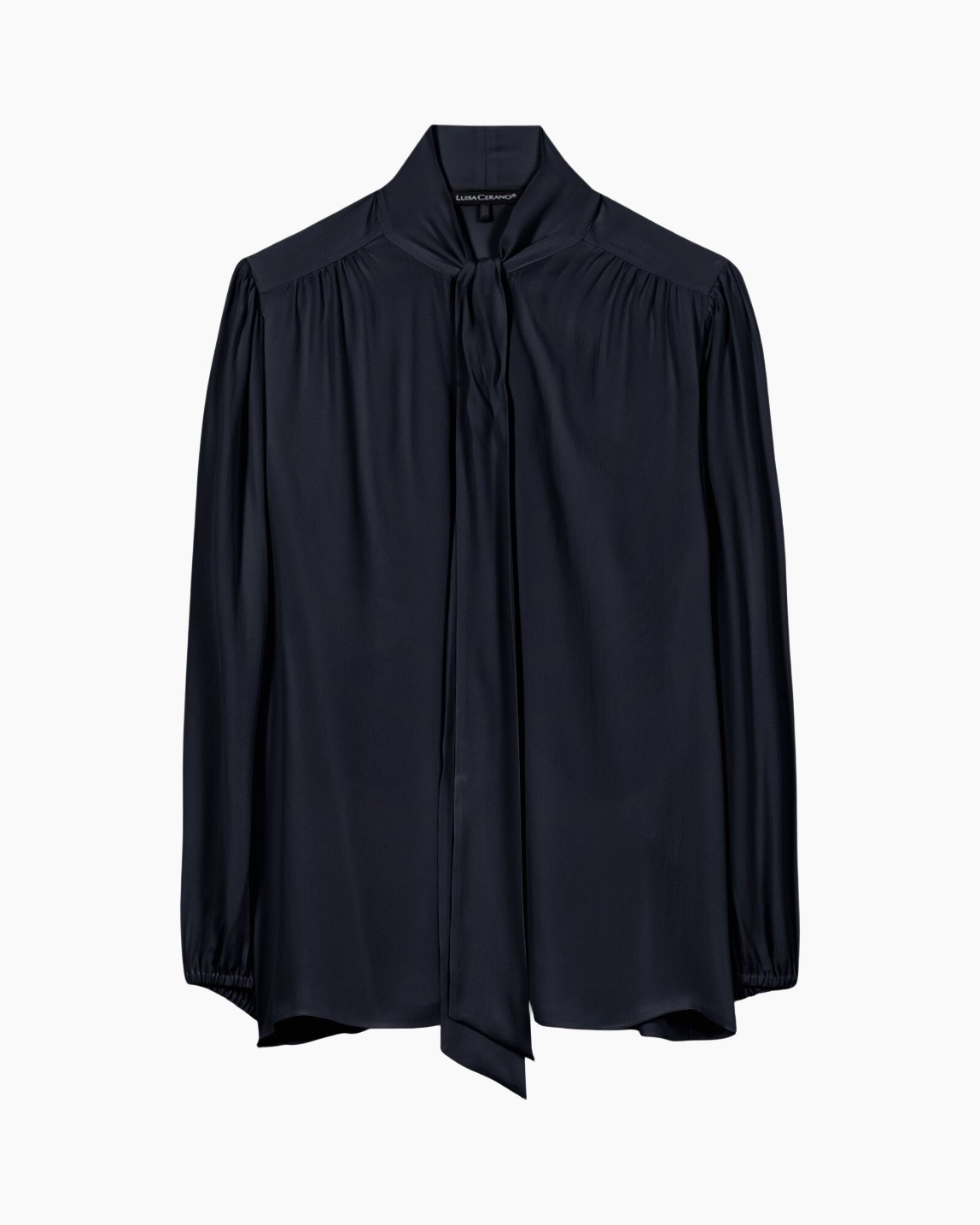 blouse, silk, navy, keuzeknoop, lange mouw