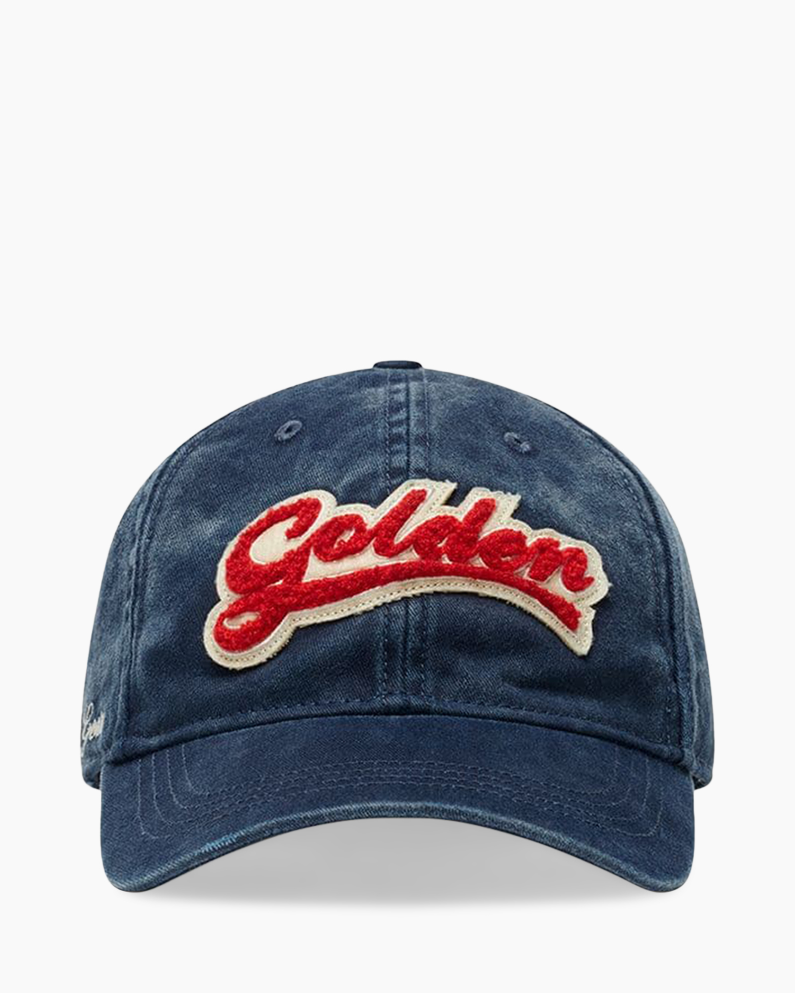 petje baseball, denim,  geborduurd badge, gebogen klep, golden hooks tekst