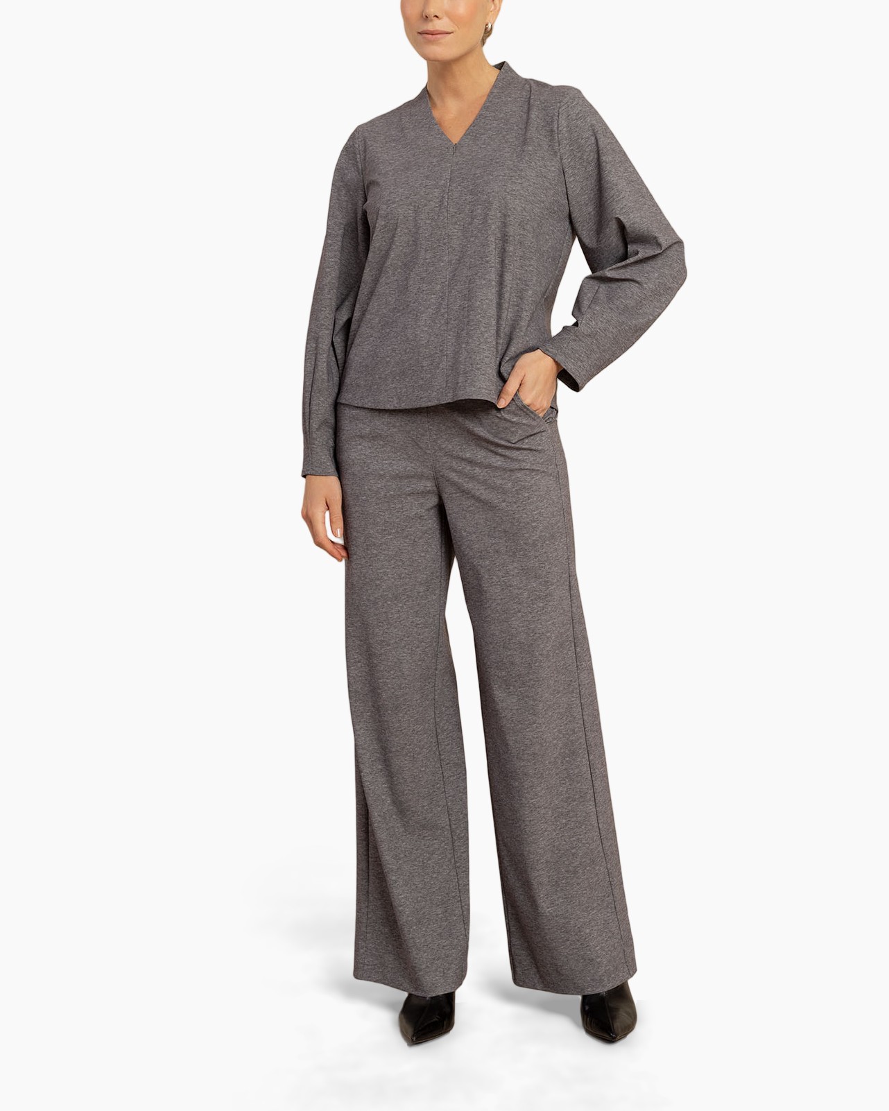 broek met wijde pijpen, grijs, gebreide stof, hoge taille, zijzakken