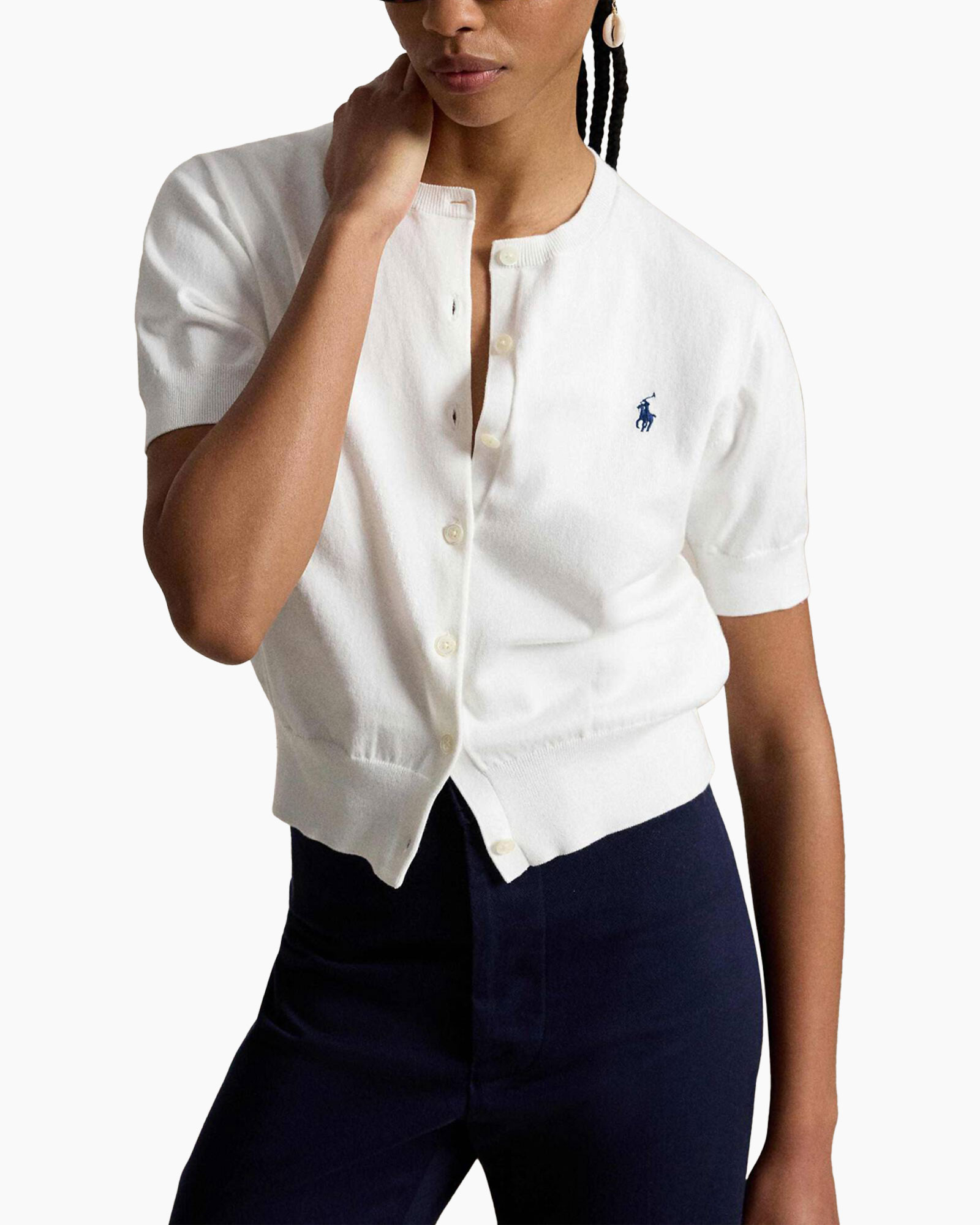 white polo, short sleeve, button front, polo top, embellished logo