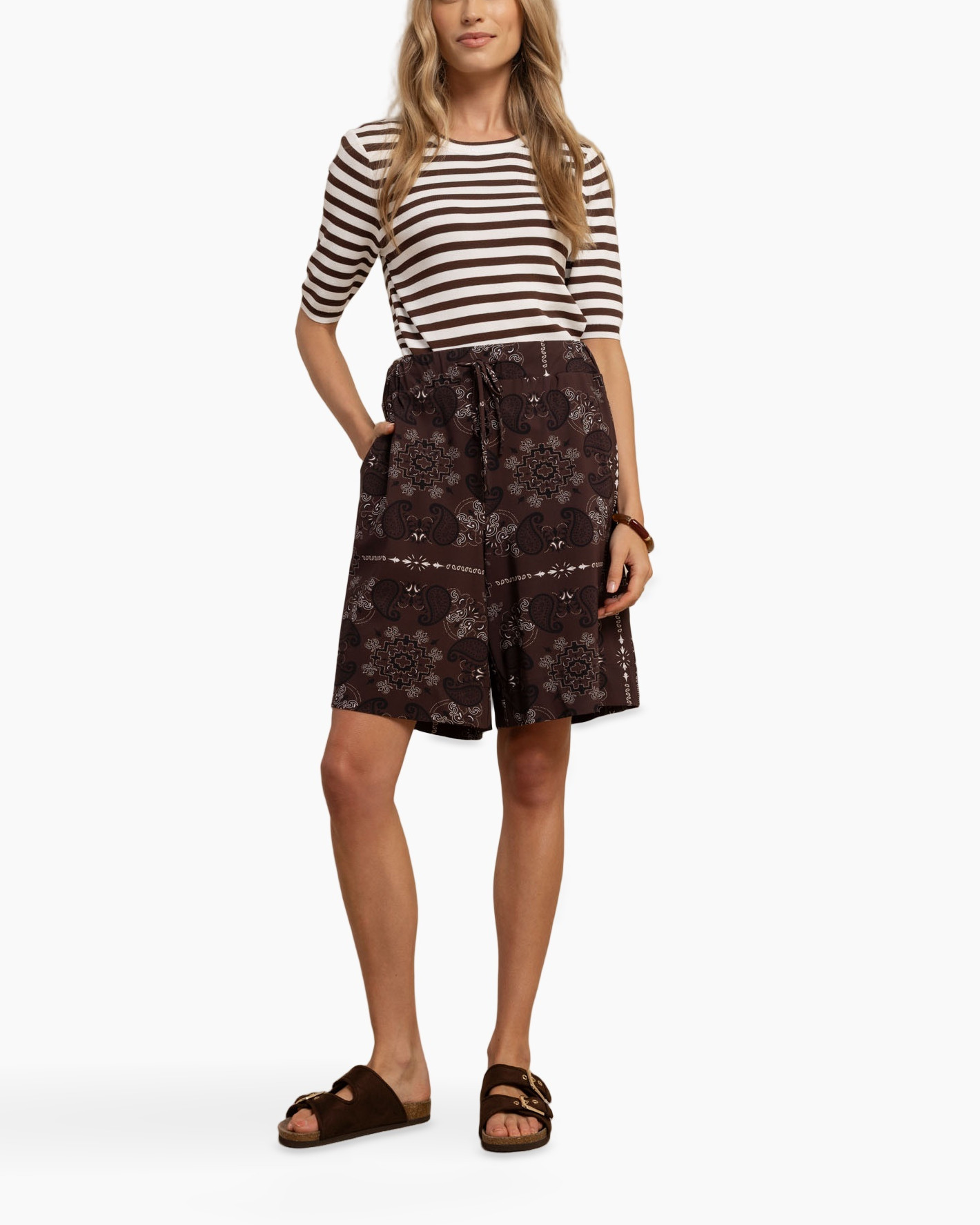 korte broek, paisley, trekkoord, bruin, patroon