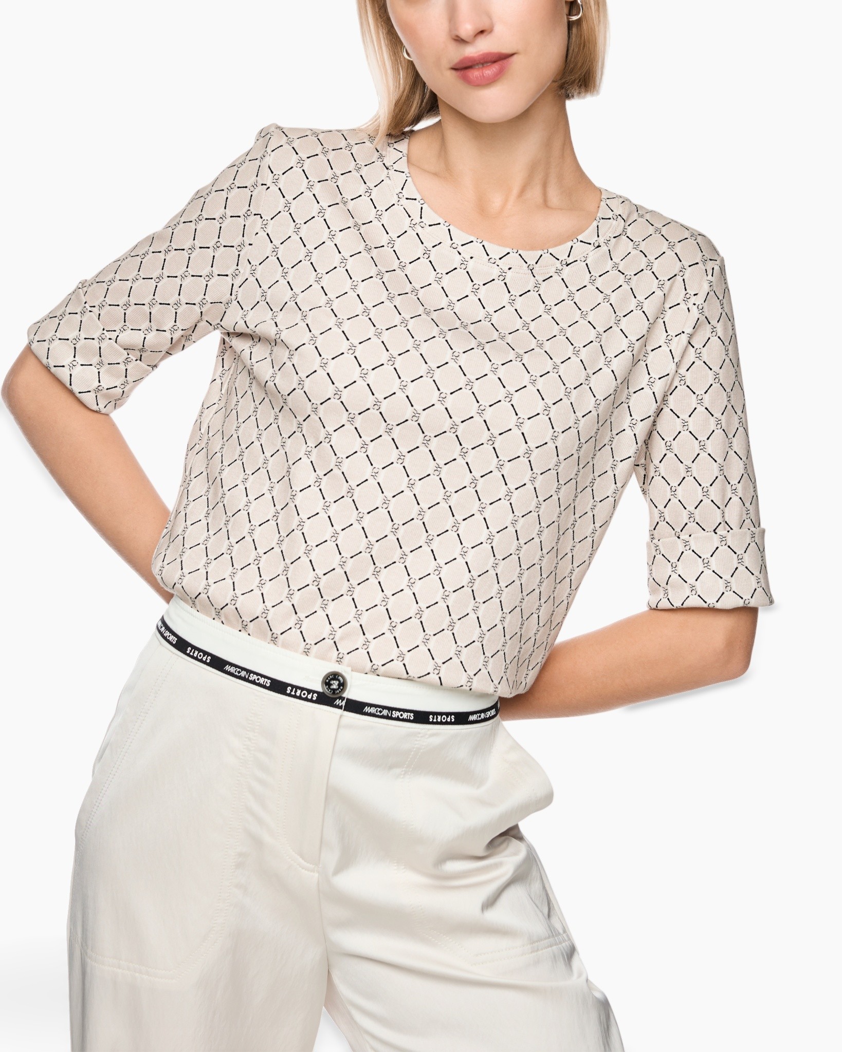 top, blouse, patroon, beige, korte mouwen