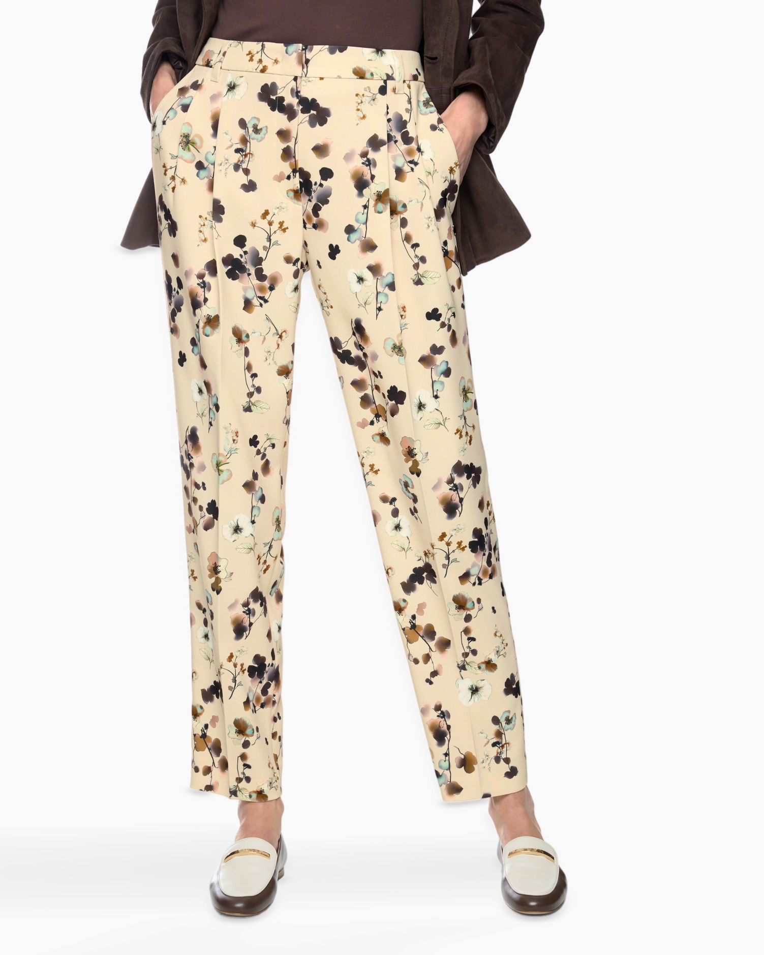 broek, bloemenprint, beige, broeken, recht model